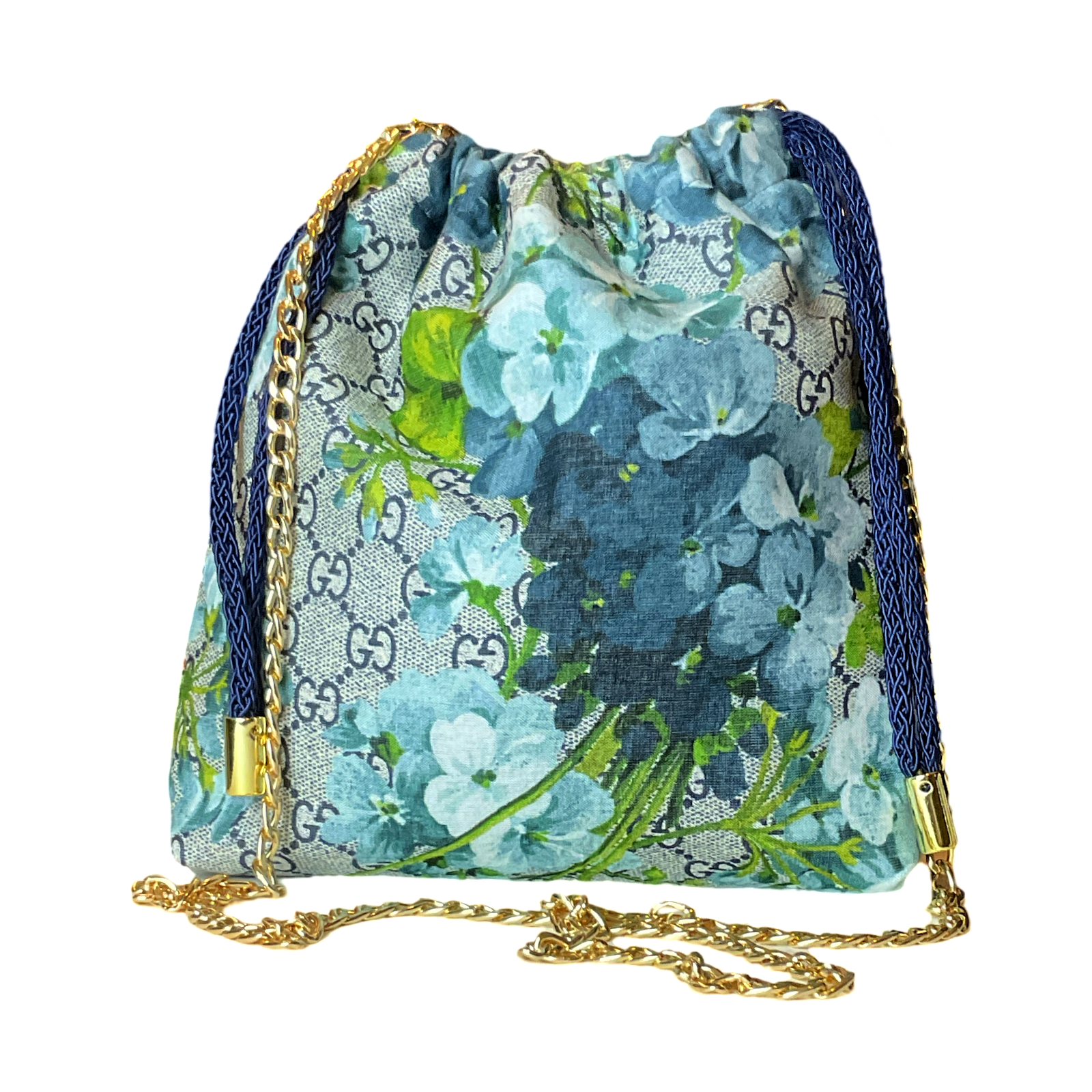 GG Logo Blooms Blue Vintage Scarf Drawstring Crossbody Bag