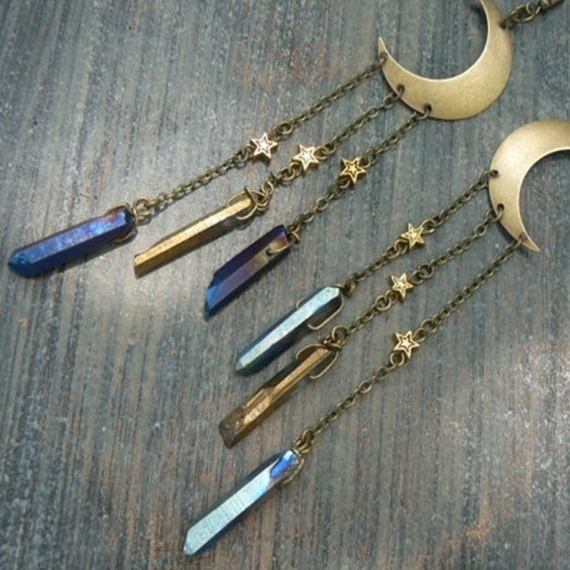 Rainbow Titanium Quartz Moon Earrings