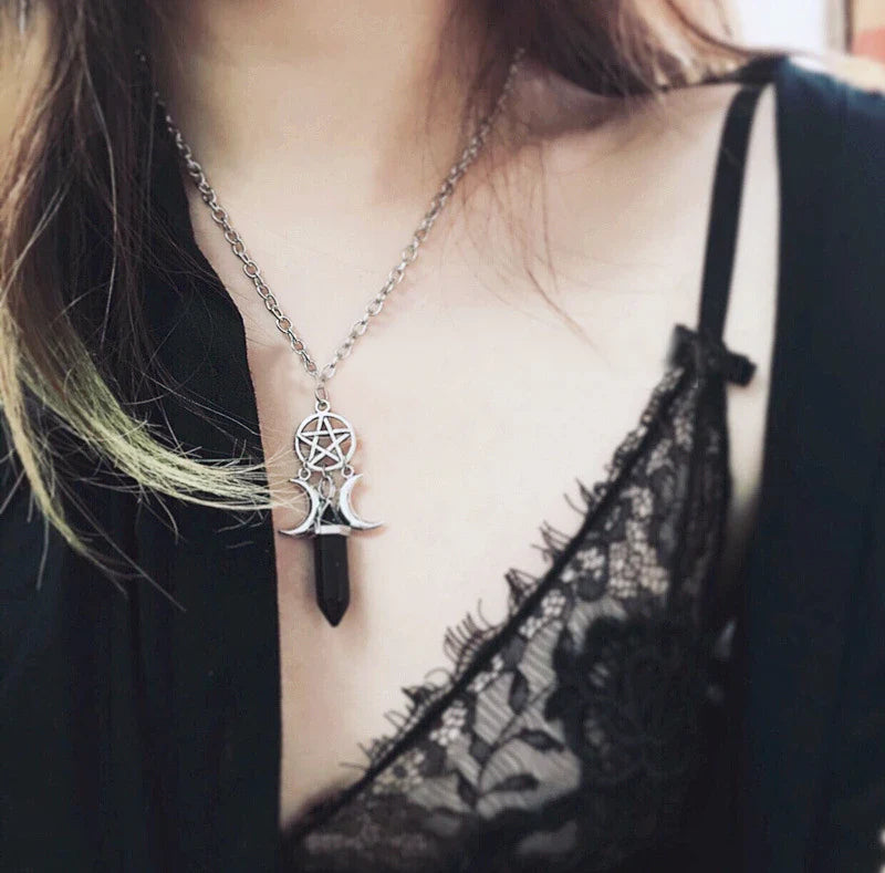 Pentacle Triple Moon Crystal Necklaces