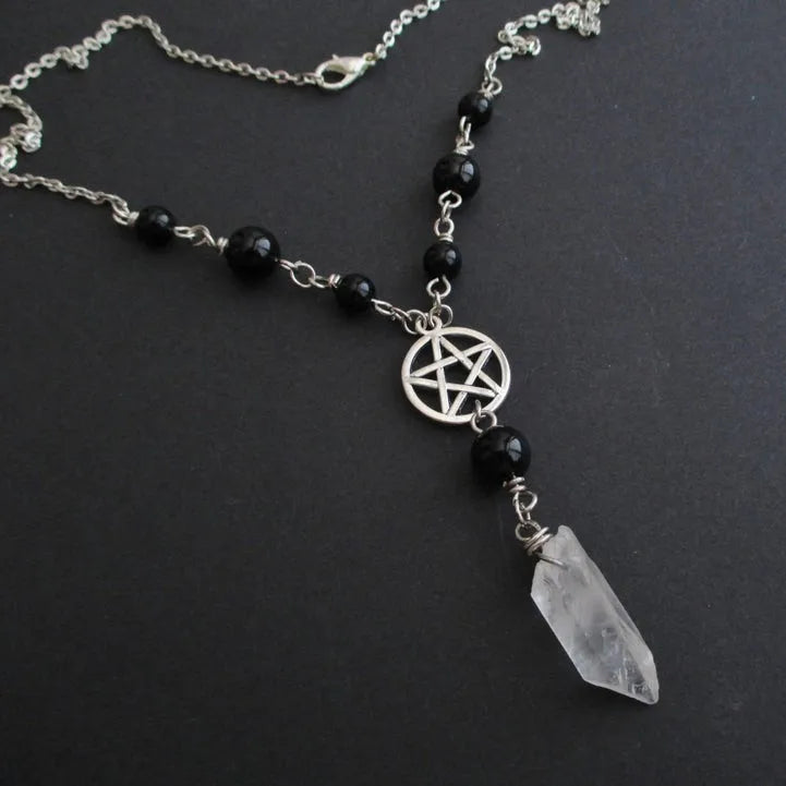 Pentacle Onyx & Quartz Bead Necklace