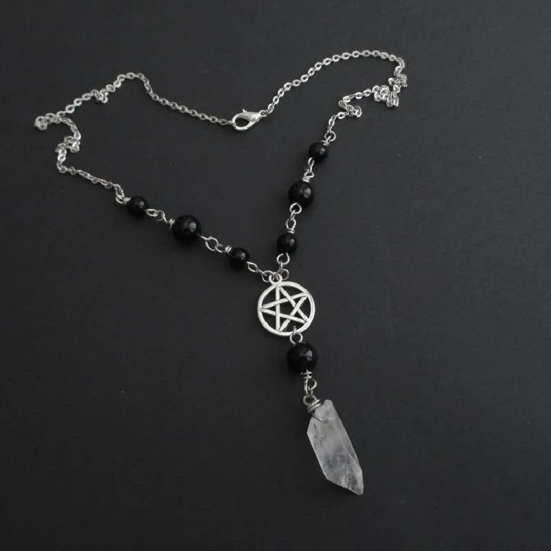 Pentacle Onyx & Quartz Bead Necklace
