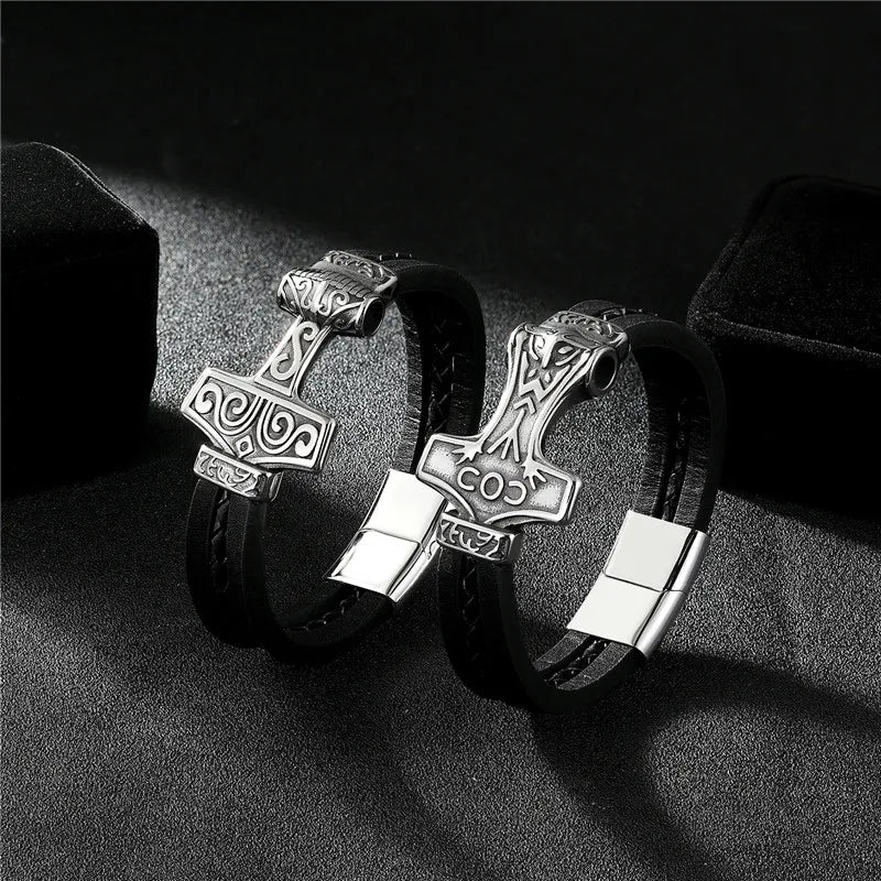 Thors Hammer Men's Leather Bracelet