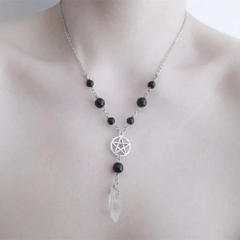 Pentacle Onyx & Quartz Bead Necklace