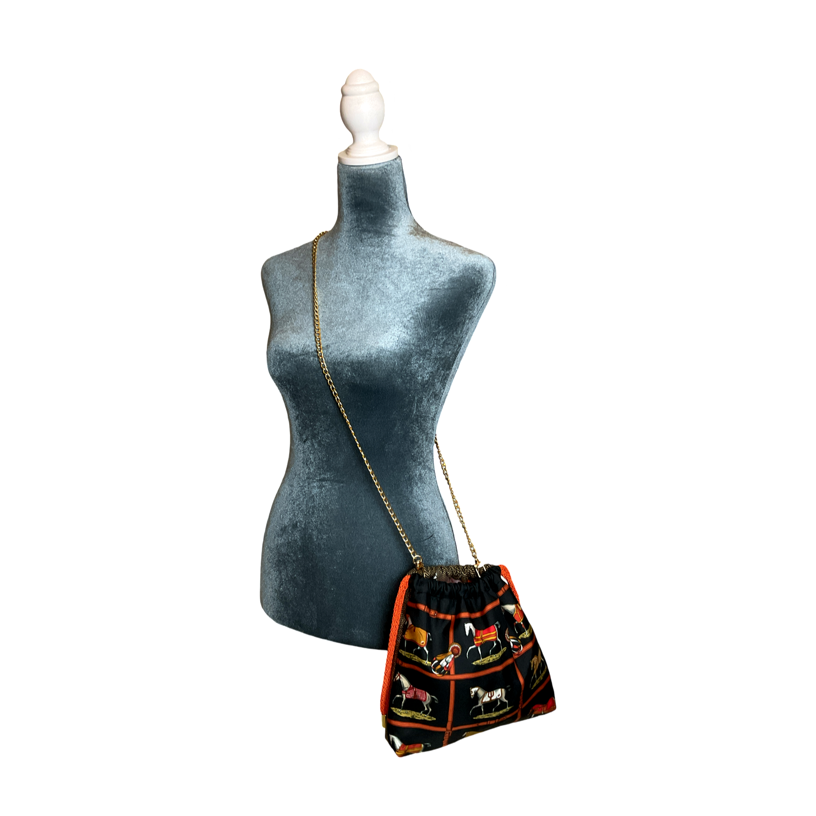 Petites Chevaux Noir Vintage Silk Scarf Drawstring Crossbody Bag