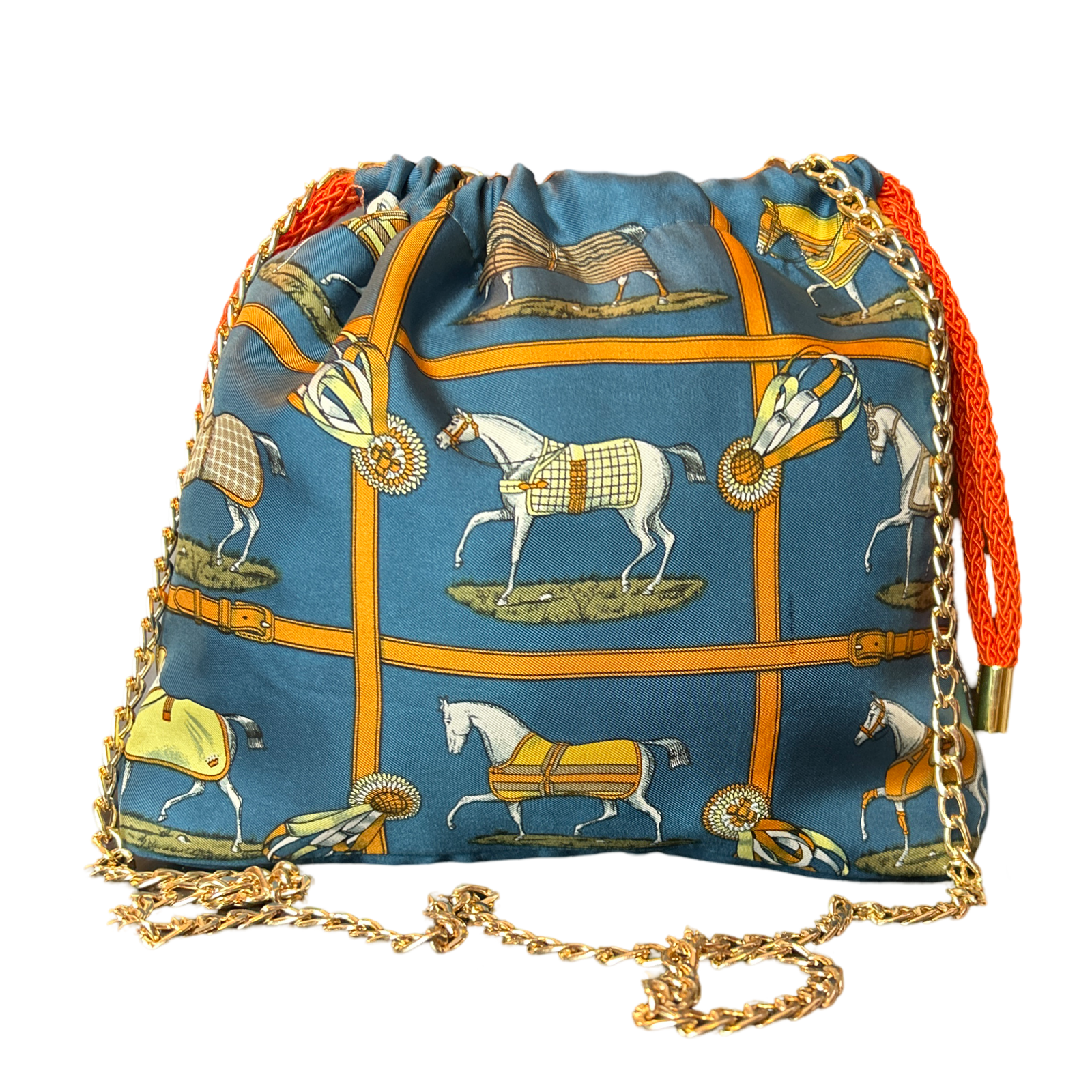 Petites Chevaux Teal Vintage Silk Scarf Drawstring Crossbody Bag