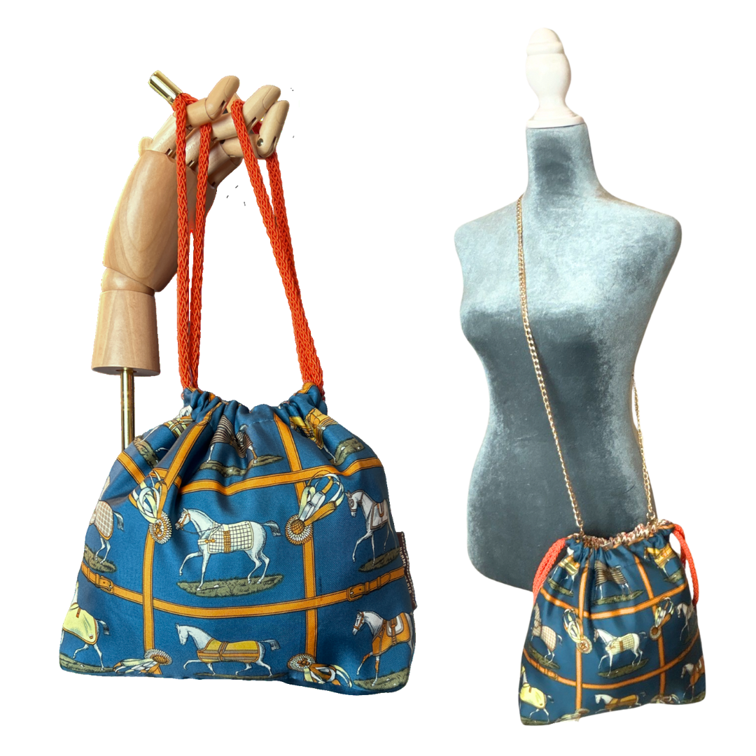 Petites Chevaux Teal Vintage Silk Scarf Drawstring Crossbody Bag