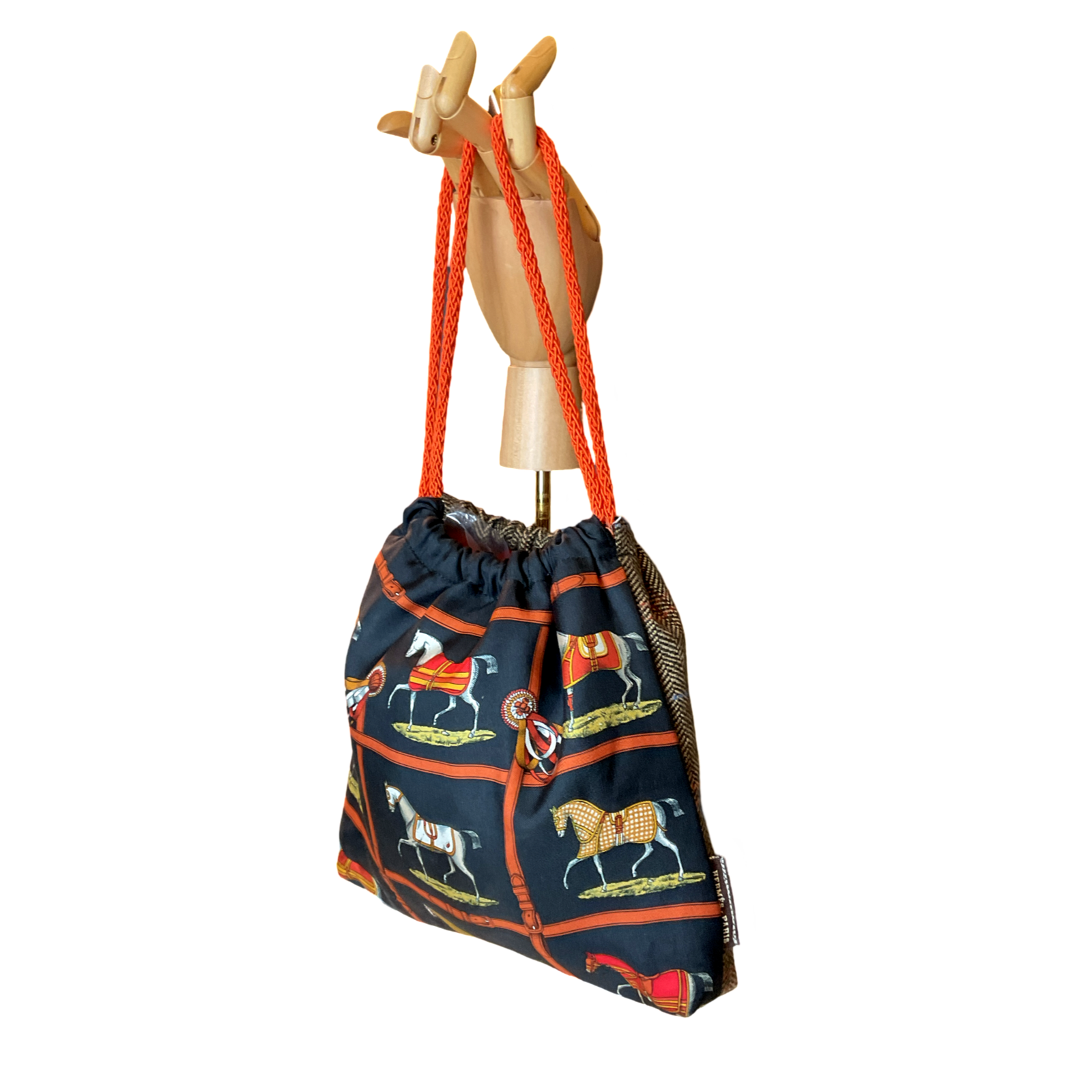Petites Chevaux Noir Vintage Silk Scarf Drawstring Crossbody Bag