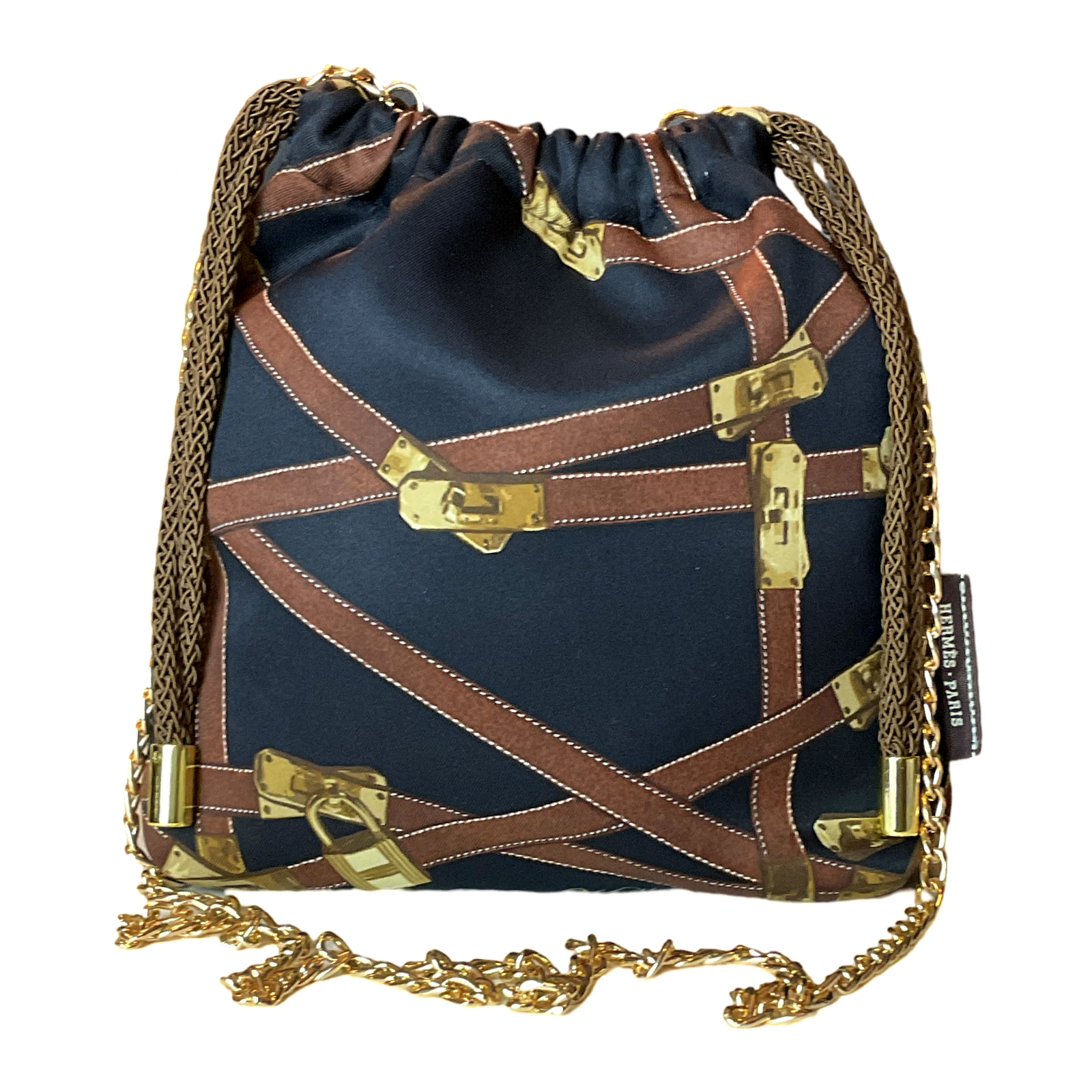 Très Kelly Noir Vintage Silk Scarf Drawstring Crossbody Bag