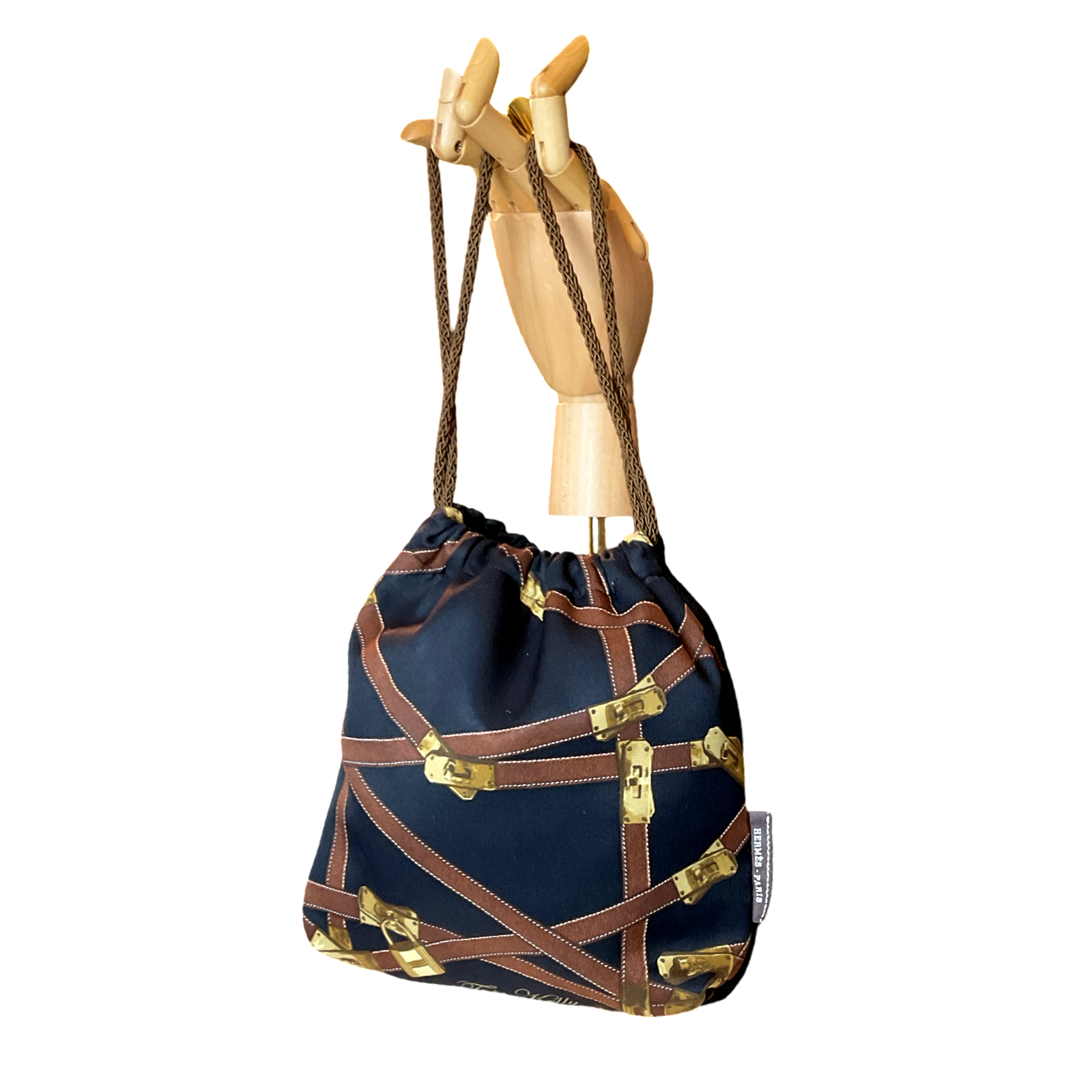 Très Kelly Noir Vintage Silk Scarf Drawstring Crossbody Bag