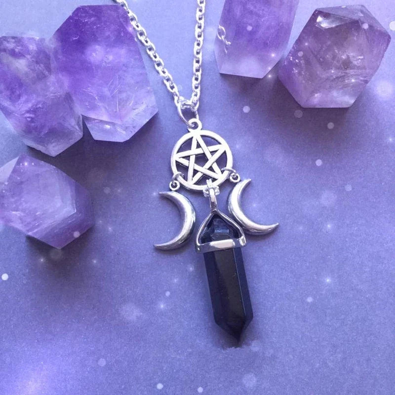Pentacle Triple Moon Crystal Necklaces