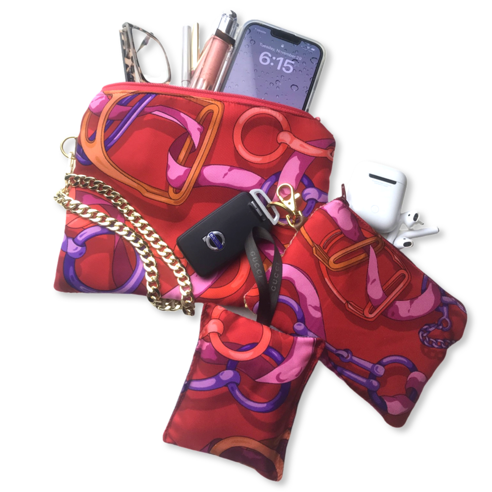 Horse Bit Red Vintage Silk Scarf Coffee Run Keychain Bag