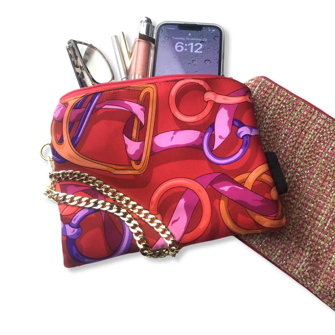 Horse Bit Red Vintage Silk Scarf Grand Wristlet Bag