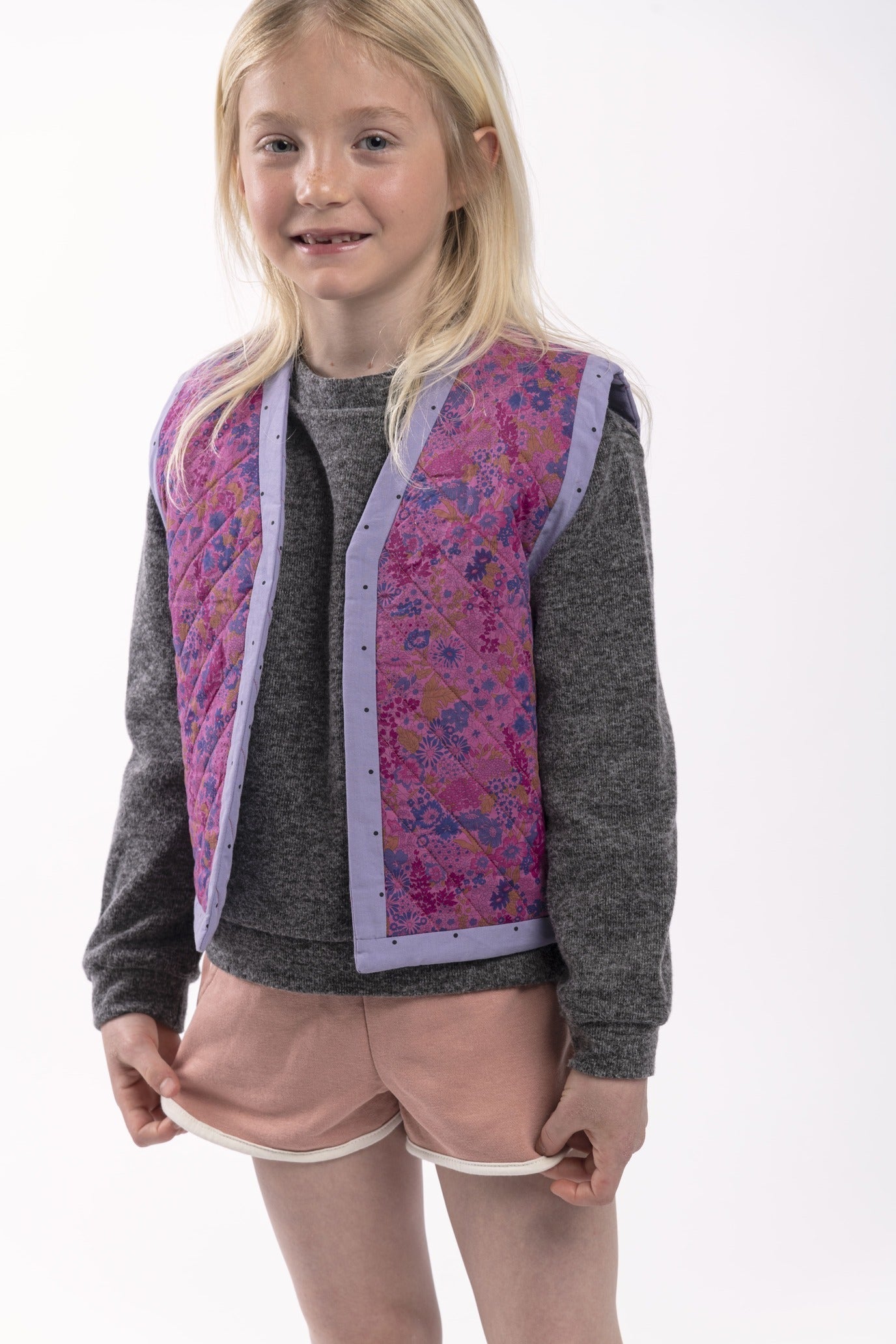 Reversible Quilted Kids Vest - Fuchsia Liberty Fabric