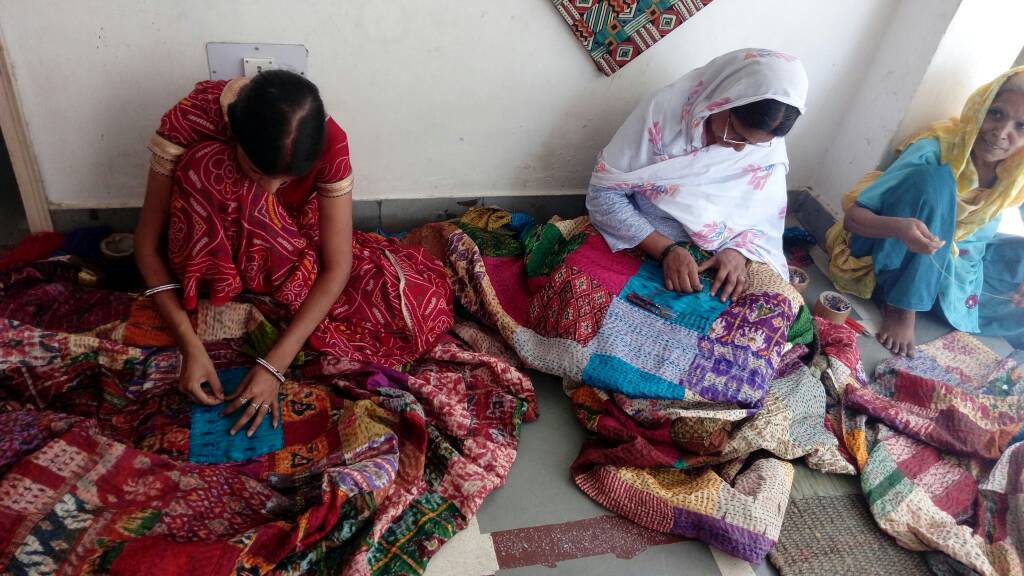 Vintage Silk Saree Kantha throw - Hand Stitched Upcycled by OMSutra