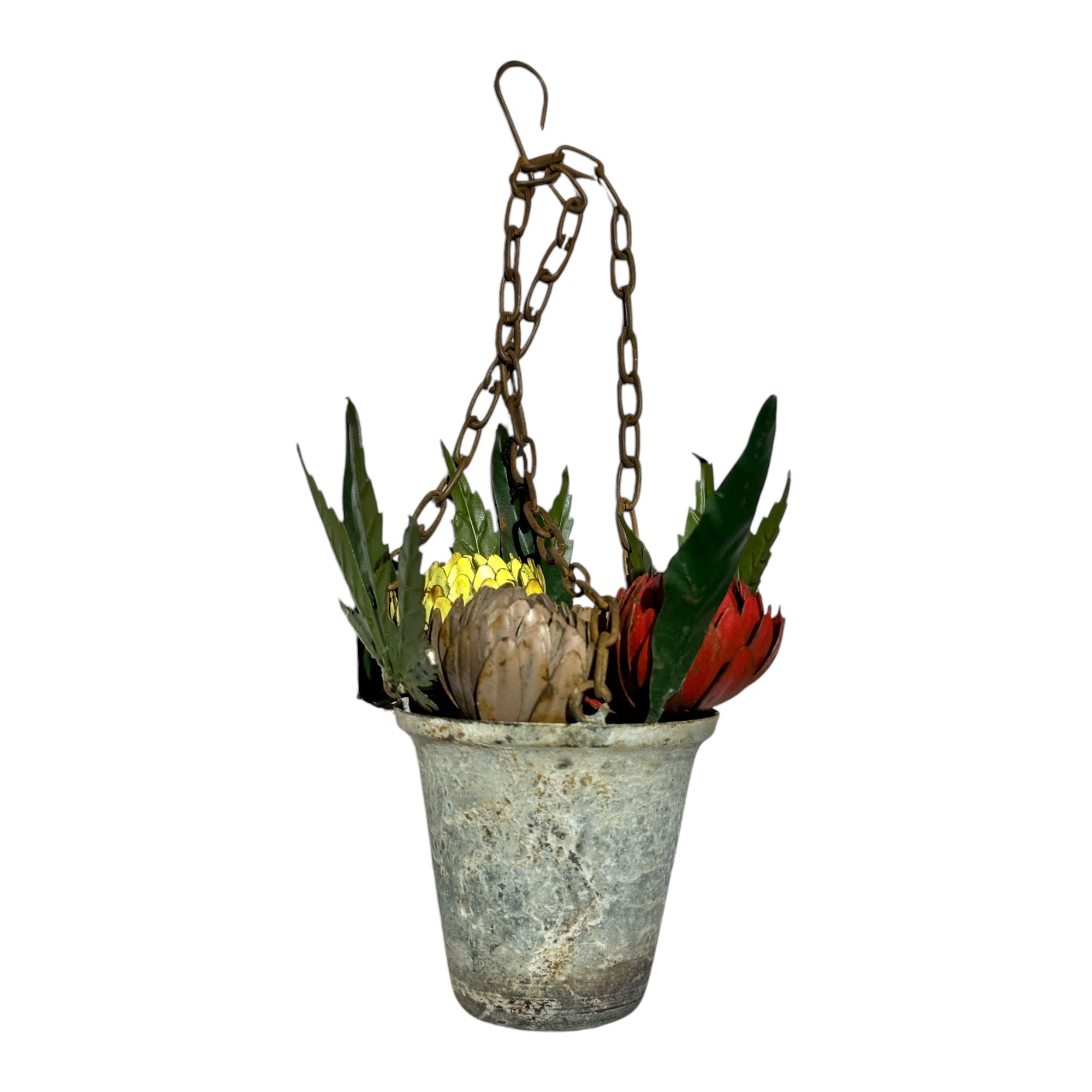 Distressed Painted Metal Flowers in Pot Ornament