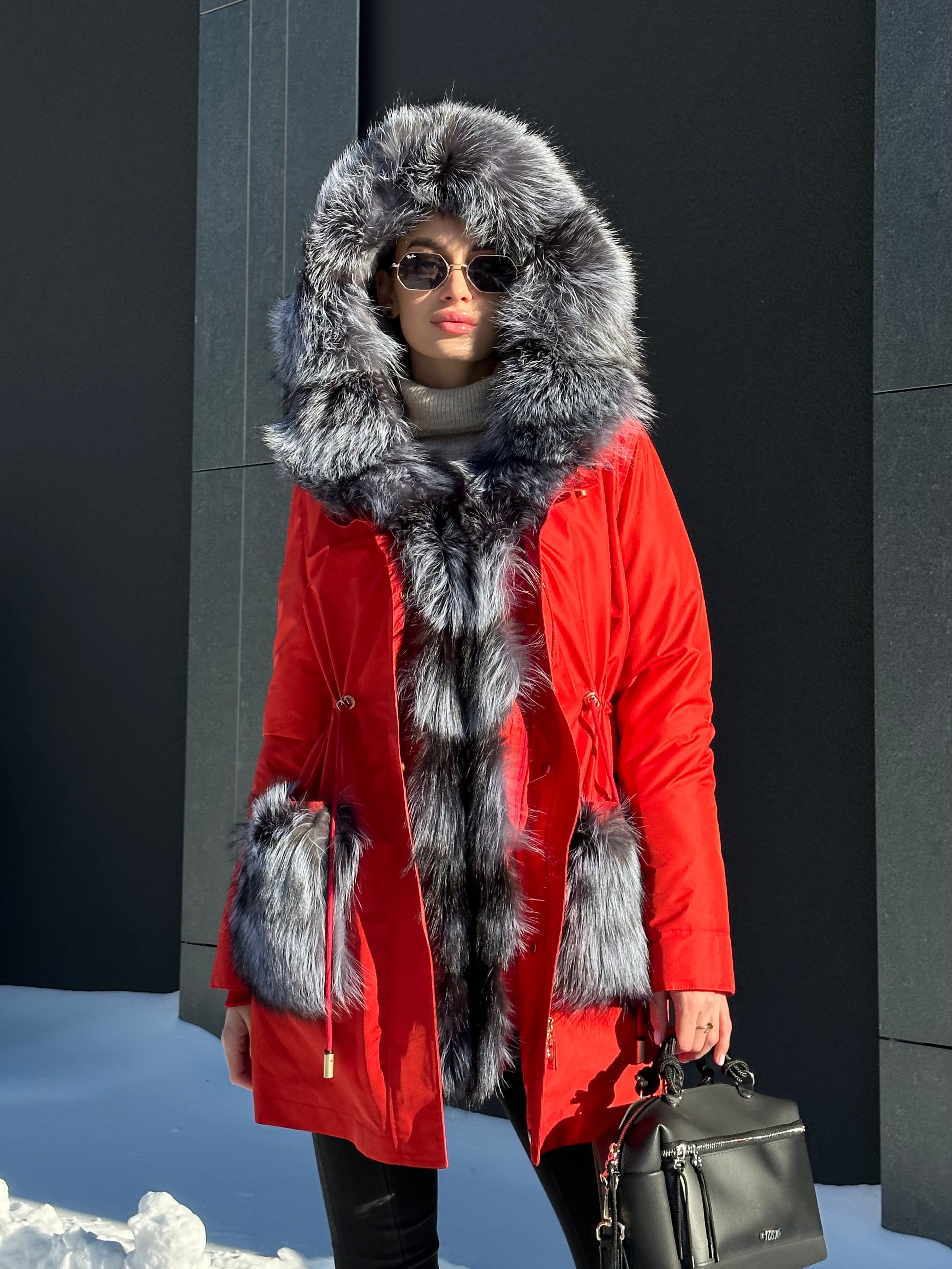 Roma Genuine Silver Fox Fur Rabbit Fur Insulated Parka in Red