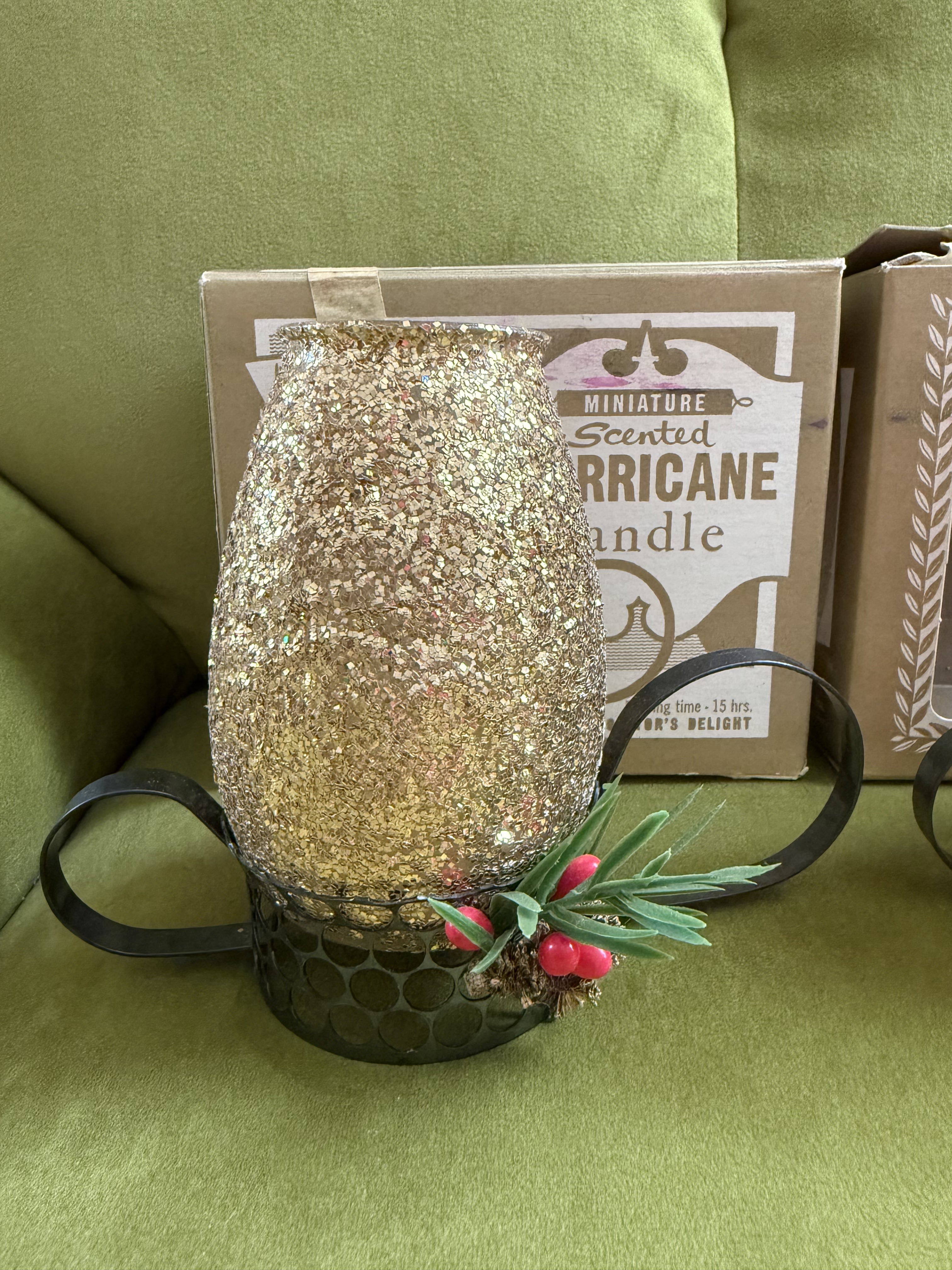 Vintage Christmas Gold Glitter Hurricane Glass Candles in Box x2