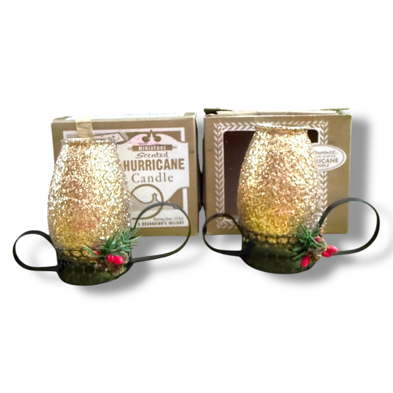 Vintage Christmas Gold Glitter Hurricane Glass Candles in Box x2