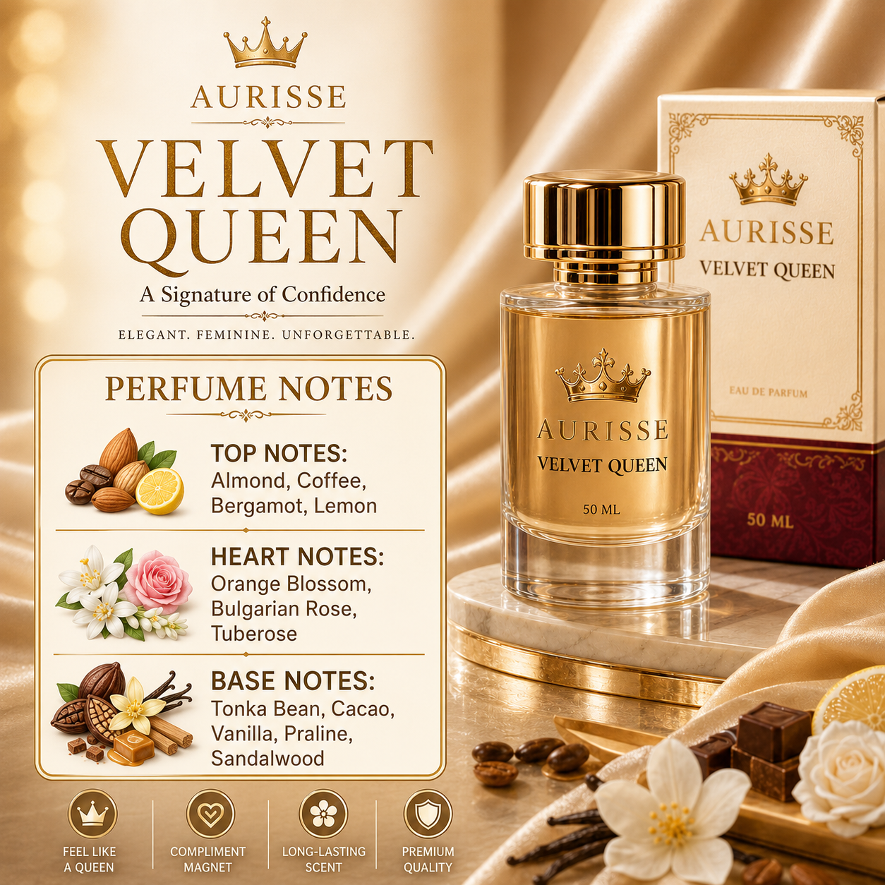 Aurisse Velvet Queen Extrait de Parfum 50ML for Women – Luxury Long-Lasting Perfume