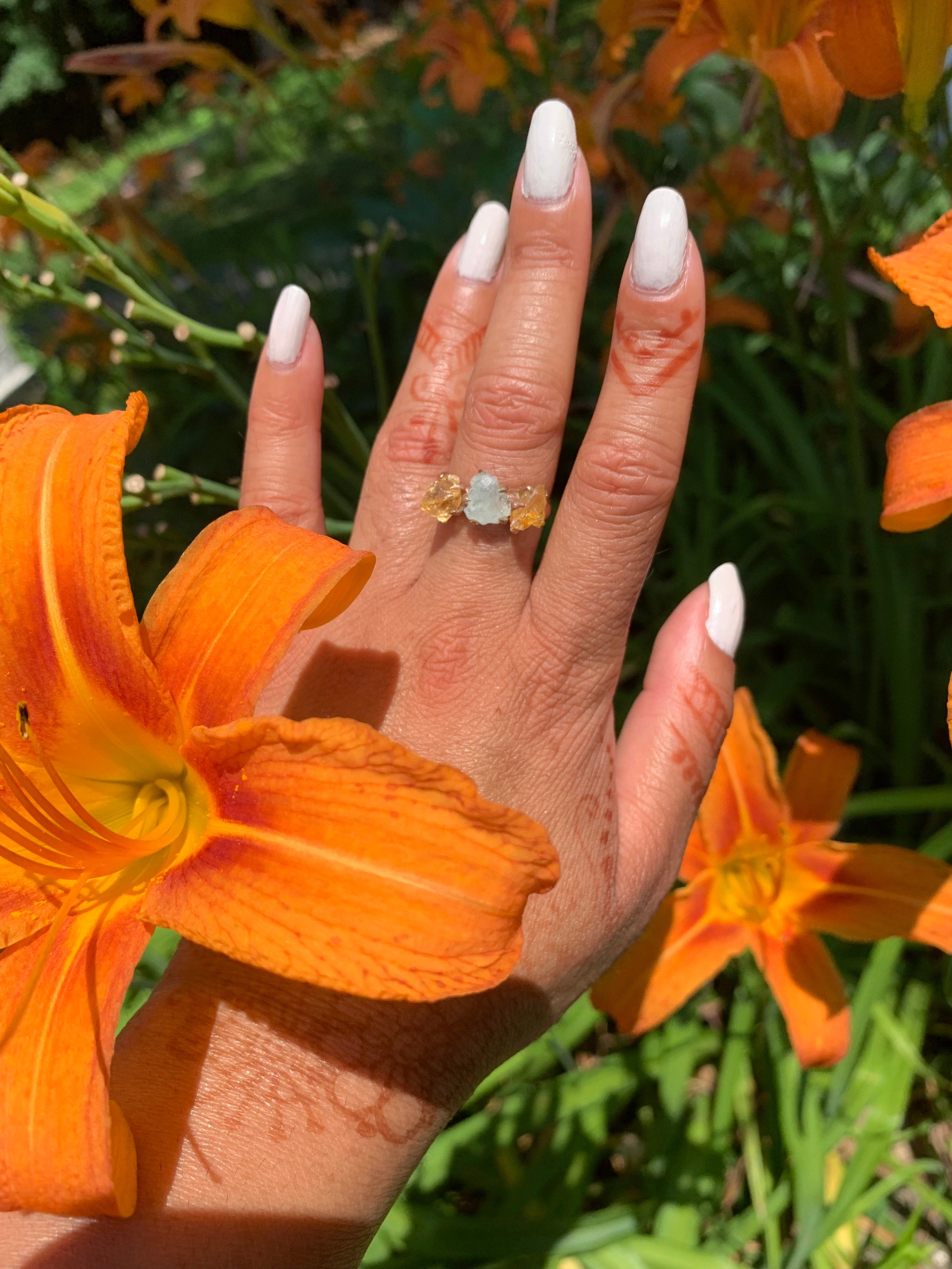 Citrine/Aquamarine Cluster Ring - Gold