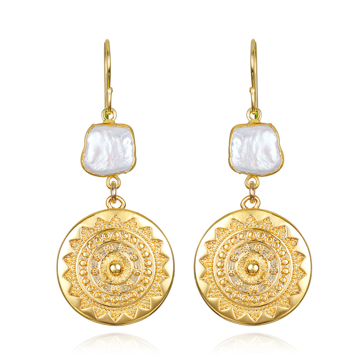 New! Sun Medallion Dangles -Freshwater Pearl