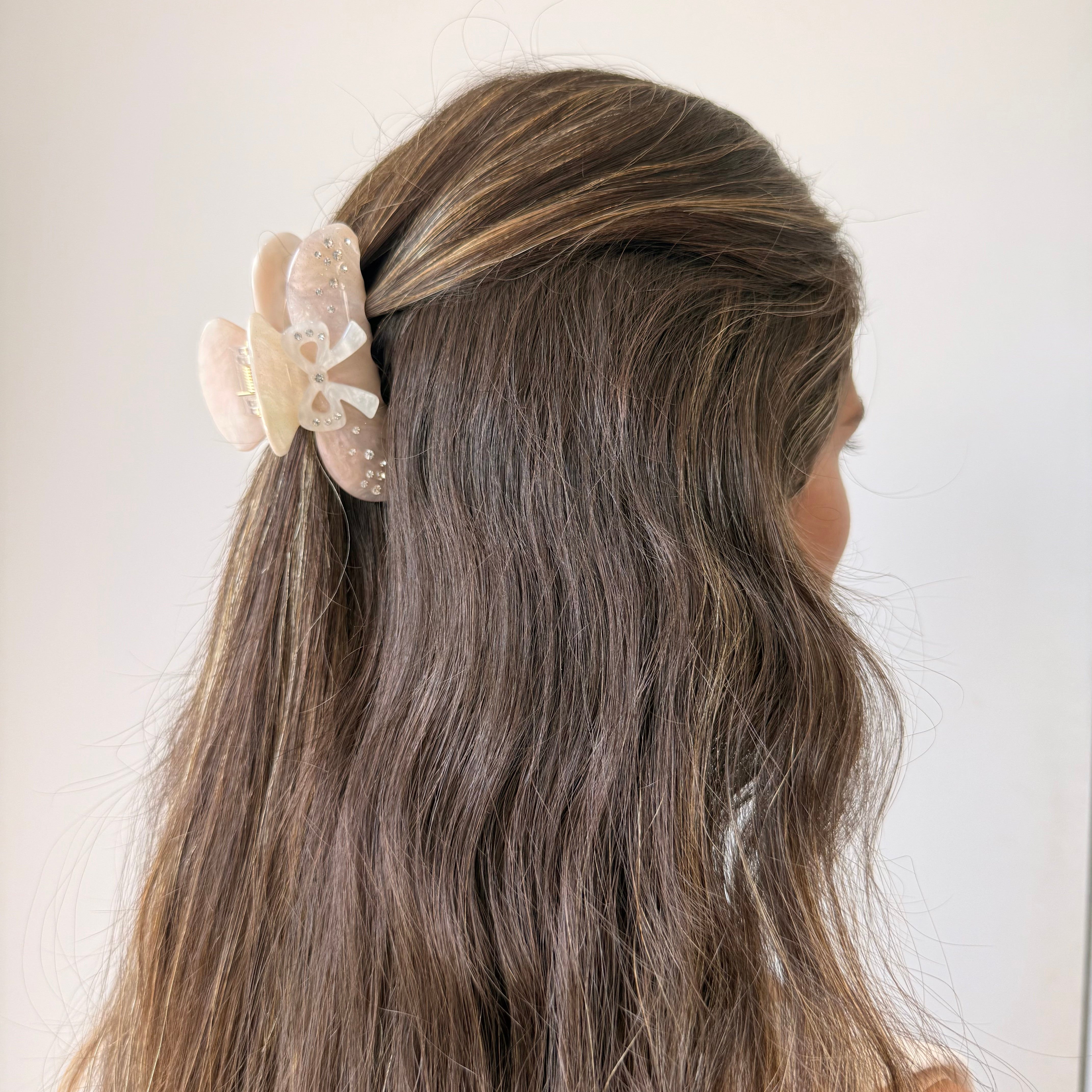 Rhinestone Pink & White Bow Hair Claw Clip - Adina's Jewels
