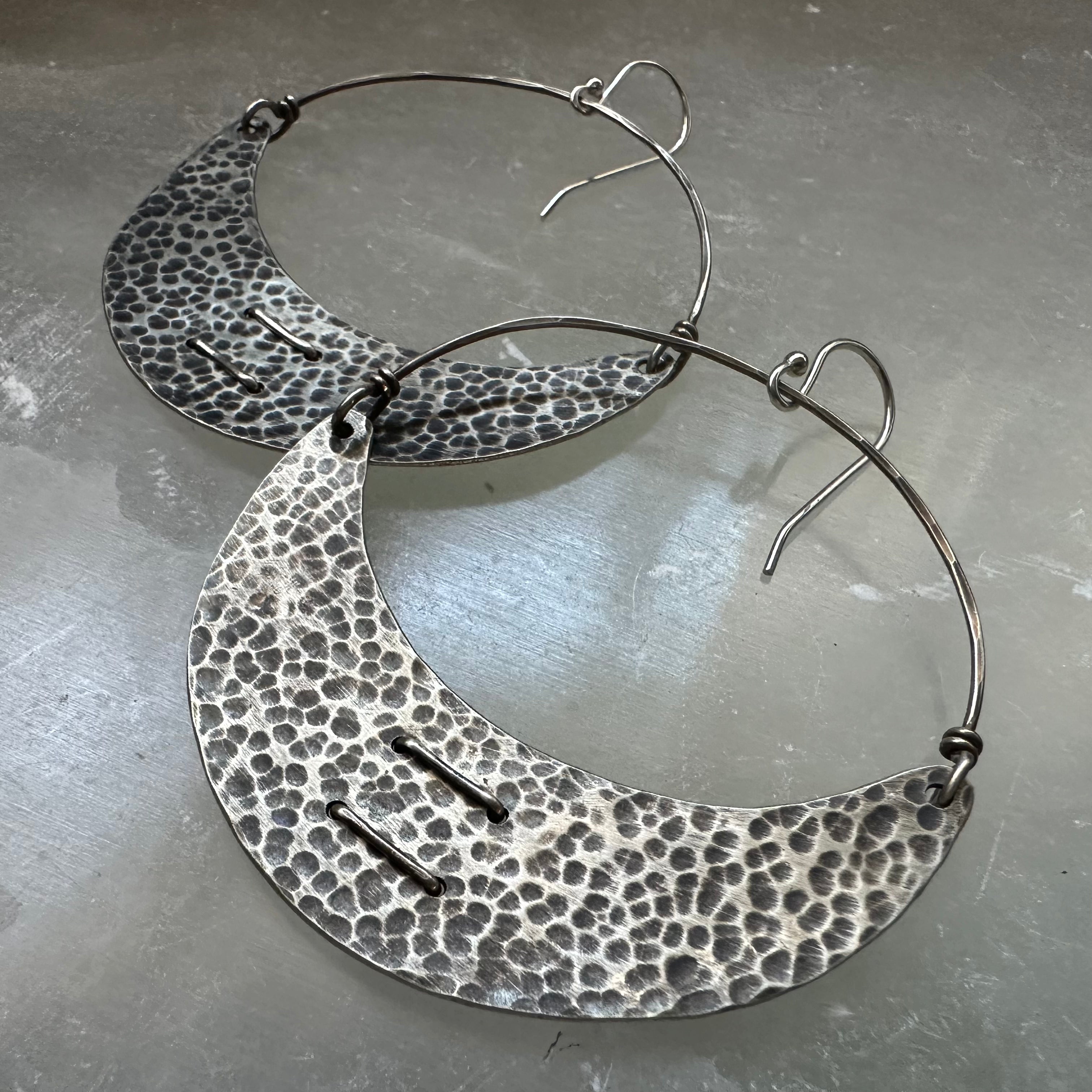 Stitched Sterling Silver Crescent Earrings