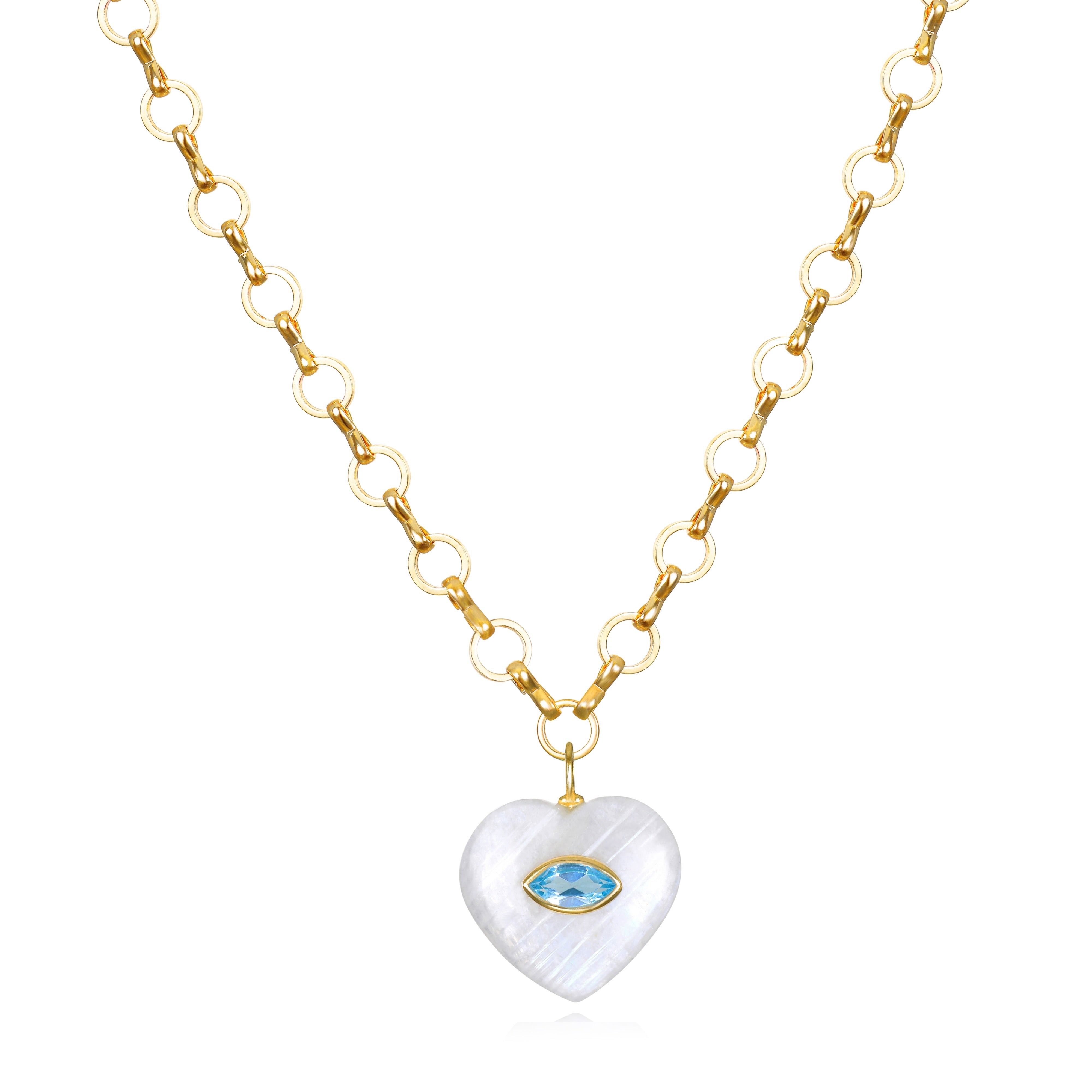 New! Rainbow Moonstone & Topaz Petite Loop Heart Necklace