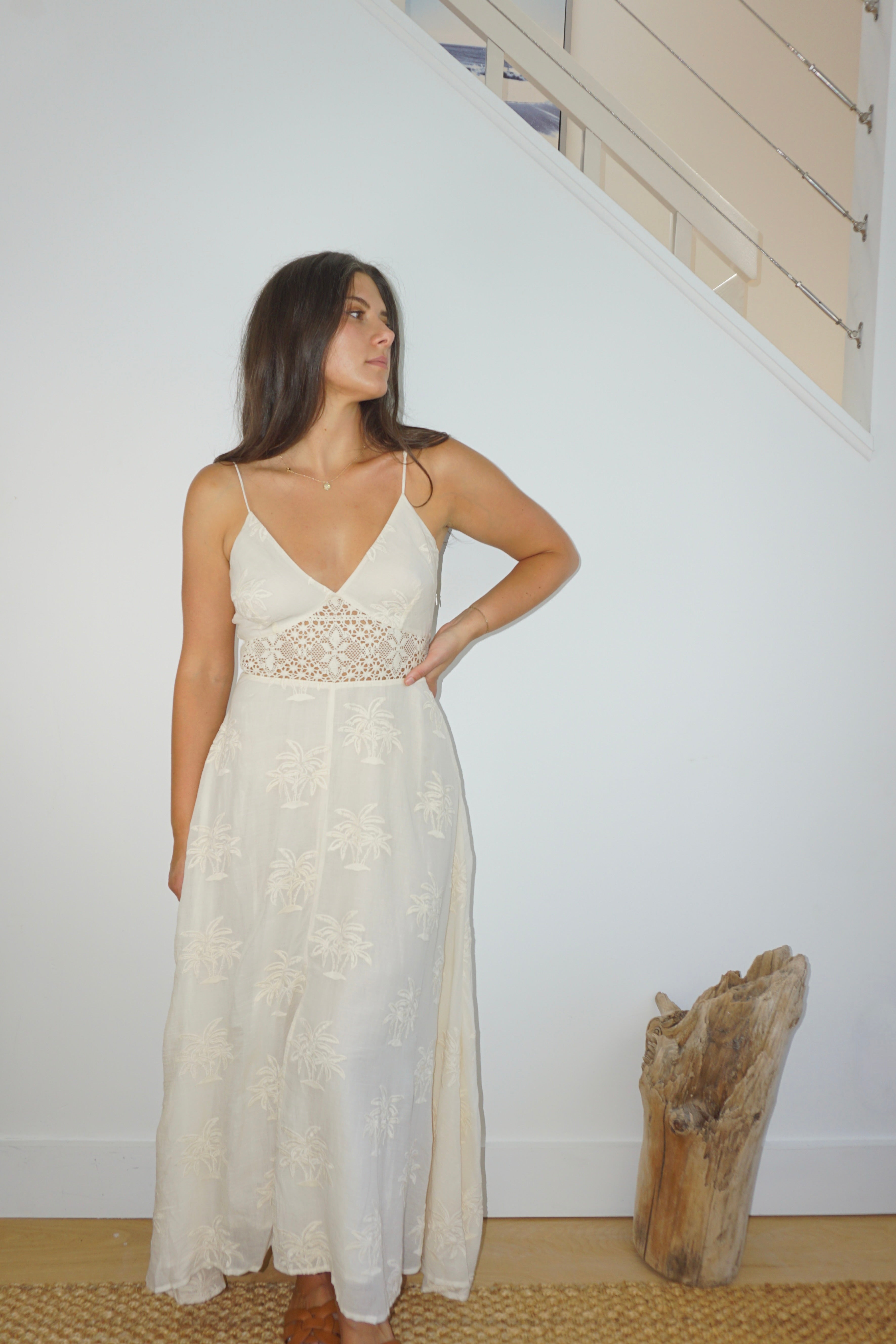 Isabella Dress in Cream Palm Embr