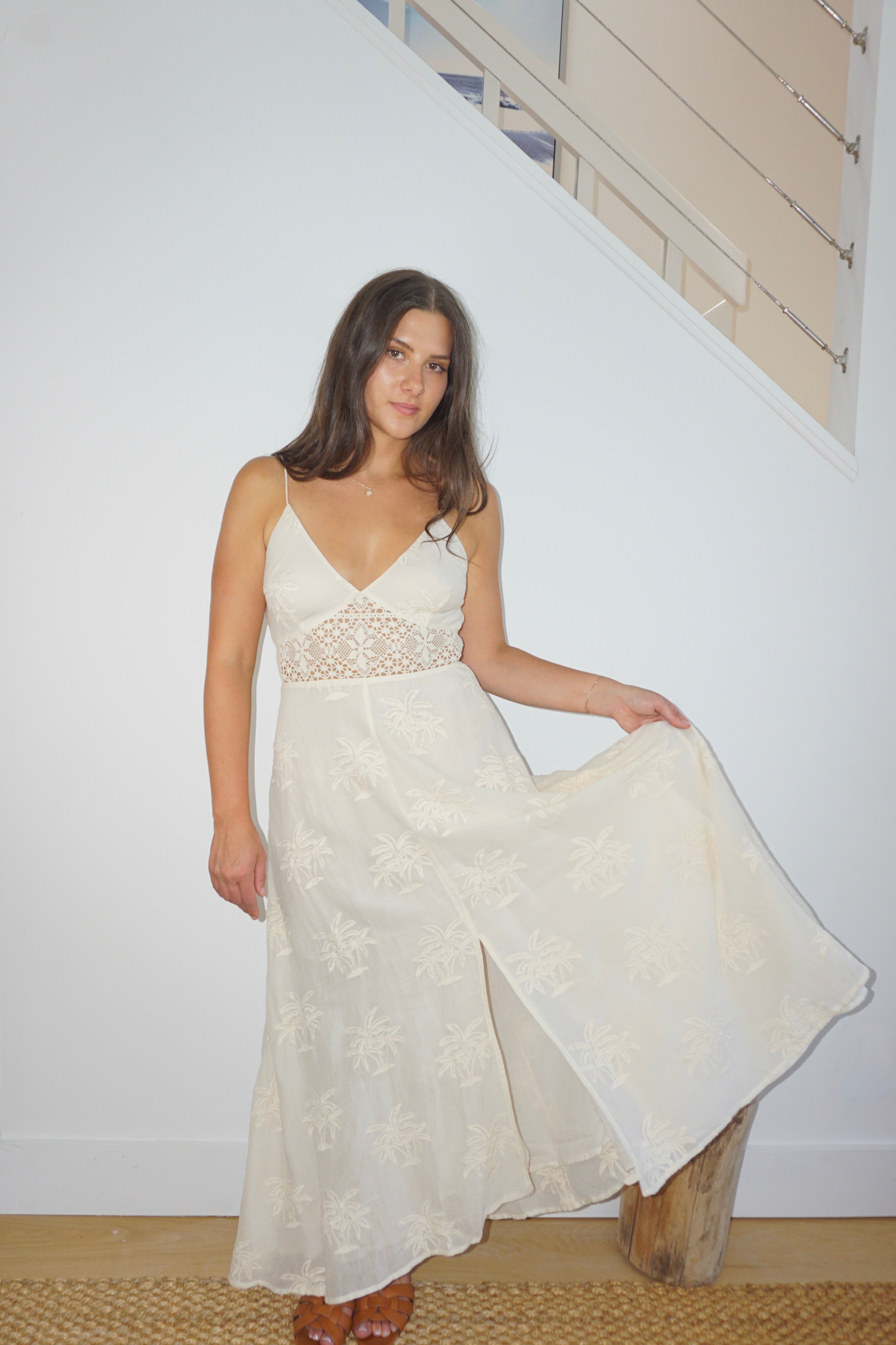 Isabella Dress in Cream Palm Embr