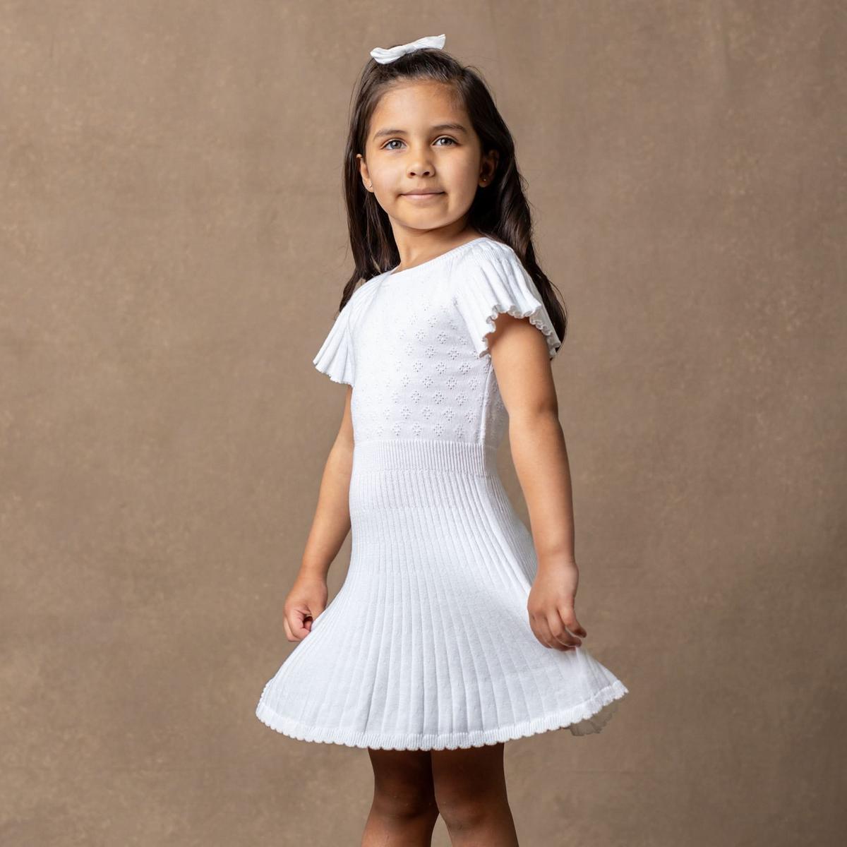 Organic Flutter Sleeve Sweater Dress - White Diamond Pointelle