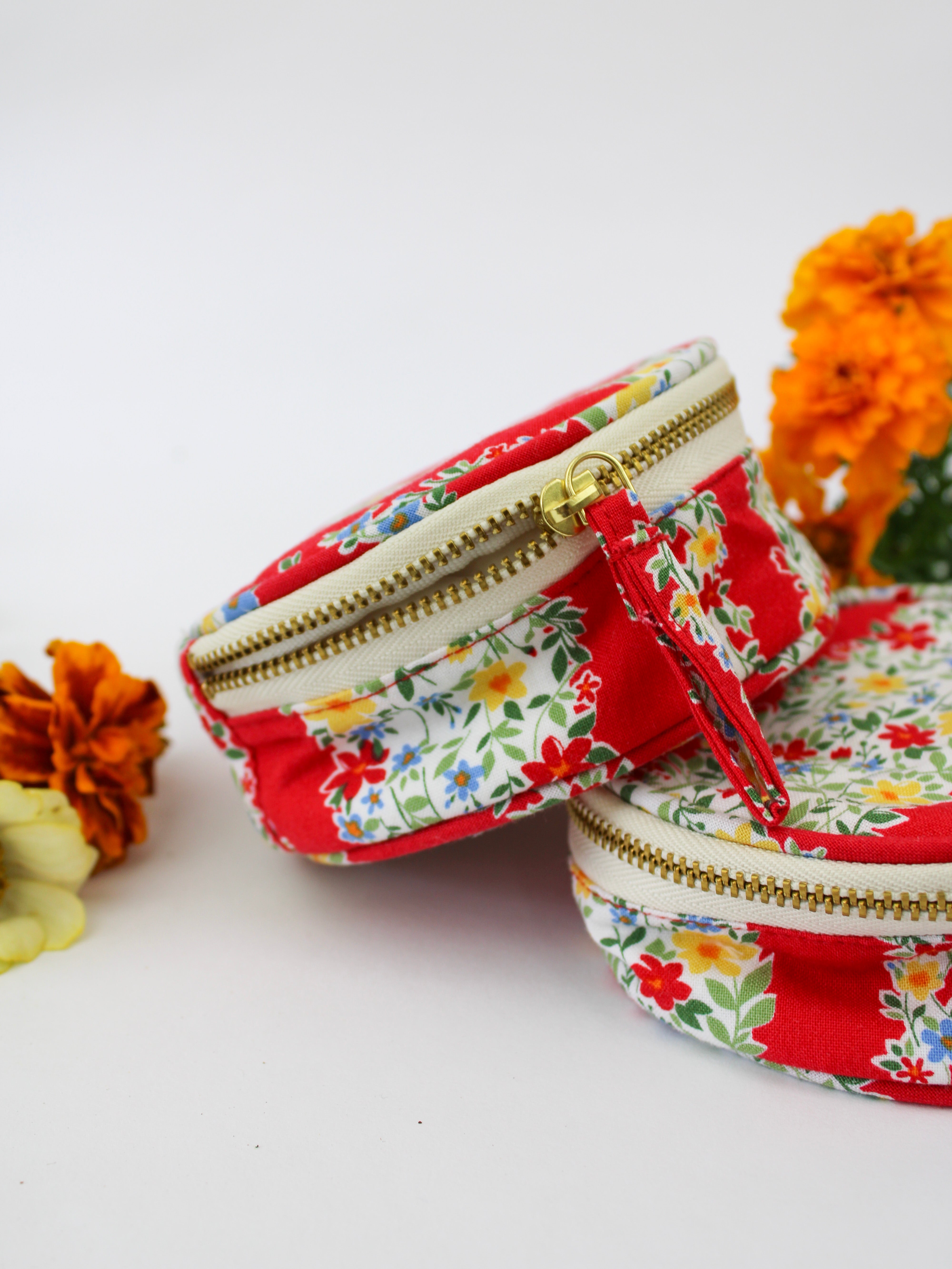 Red Floral Stripe Jewelry Pouch