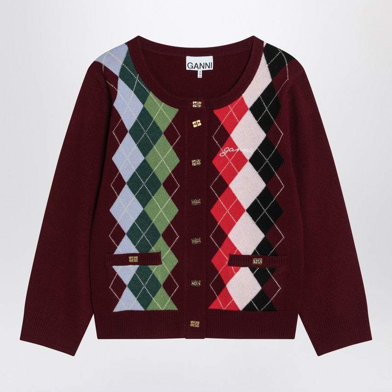 Ganni Burgundy Checked Cardigan In Cashmere Blend Women