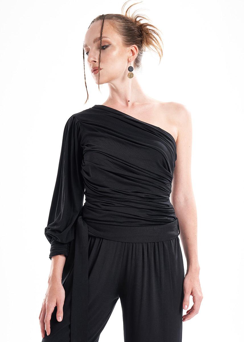 Black Knit 2-Piece Set With An Asymmetrical One-Sleeve Blouse And Palazzo Pants