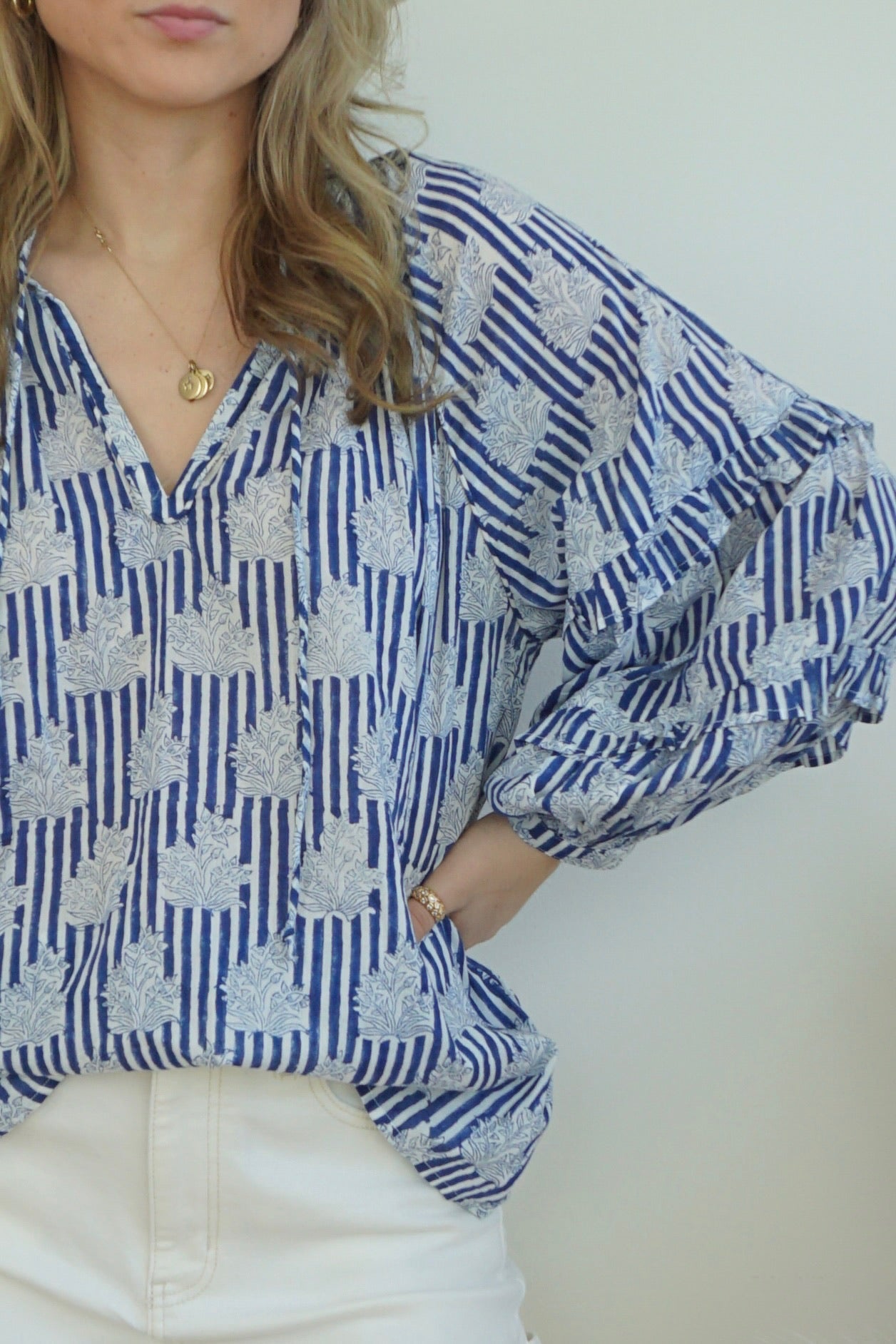 Kendra Blouse in Navy Block Stripe