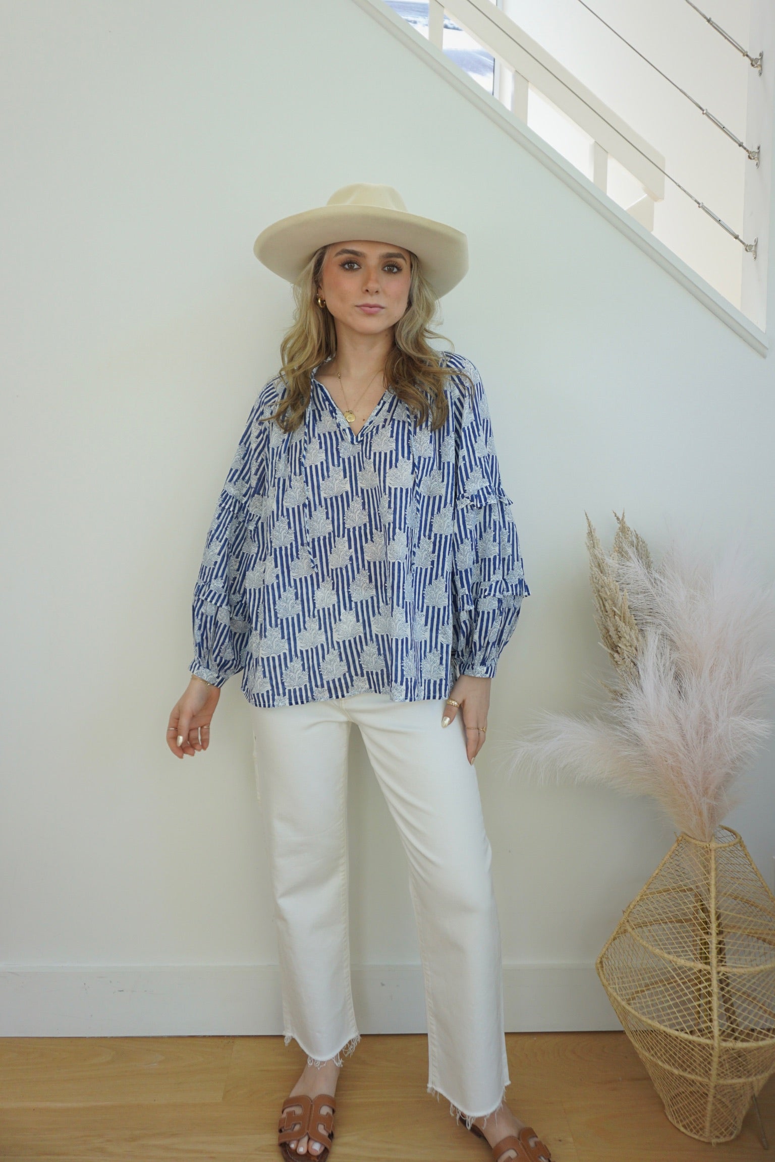 Kendra Blouse in Navy Block Stripe