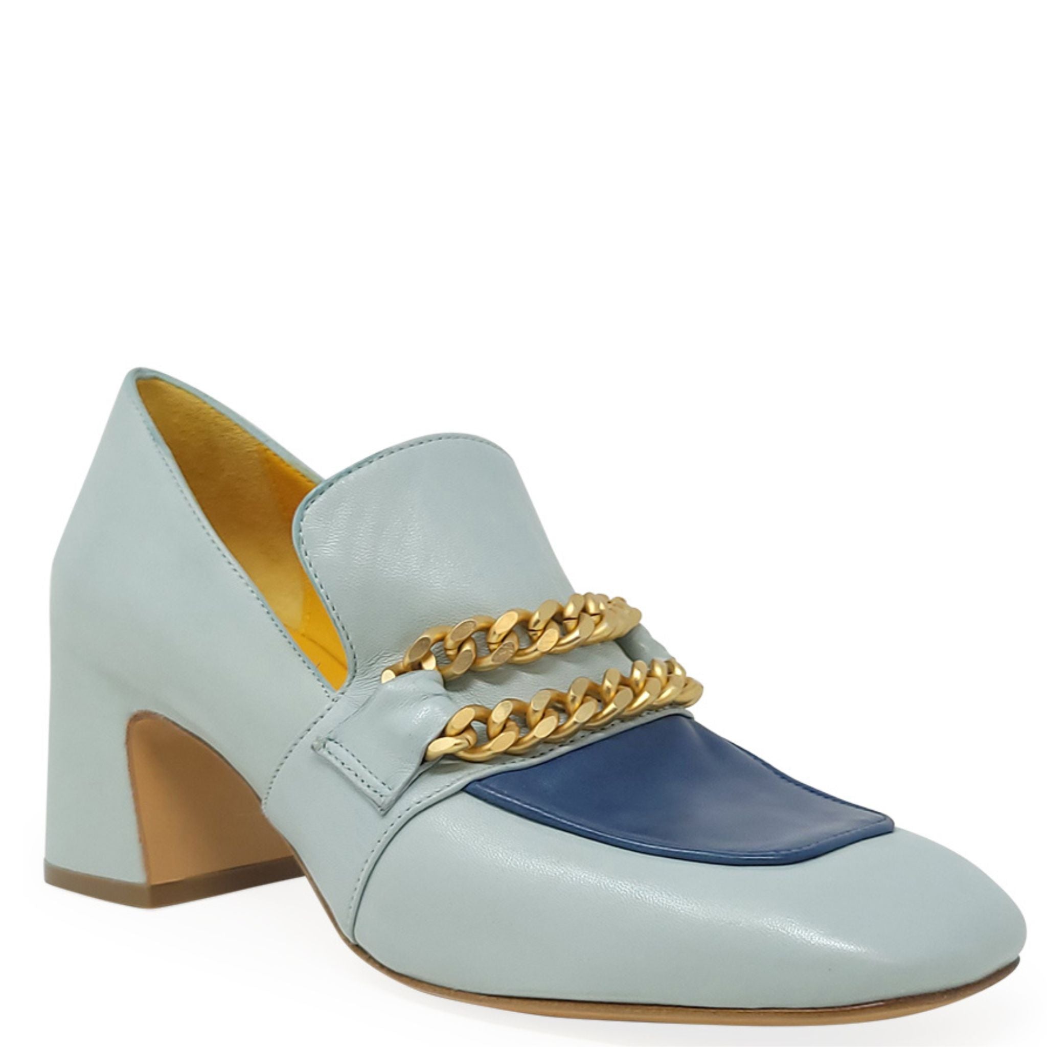 Turq/Blue Leather Mid Heel Loafer W/Chain