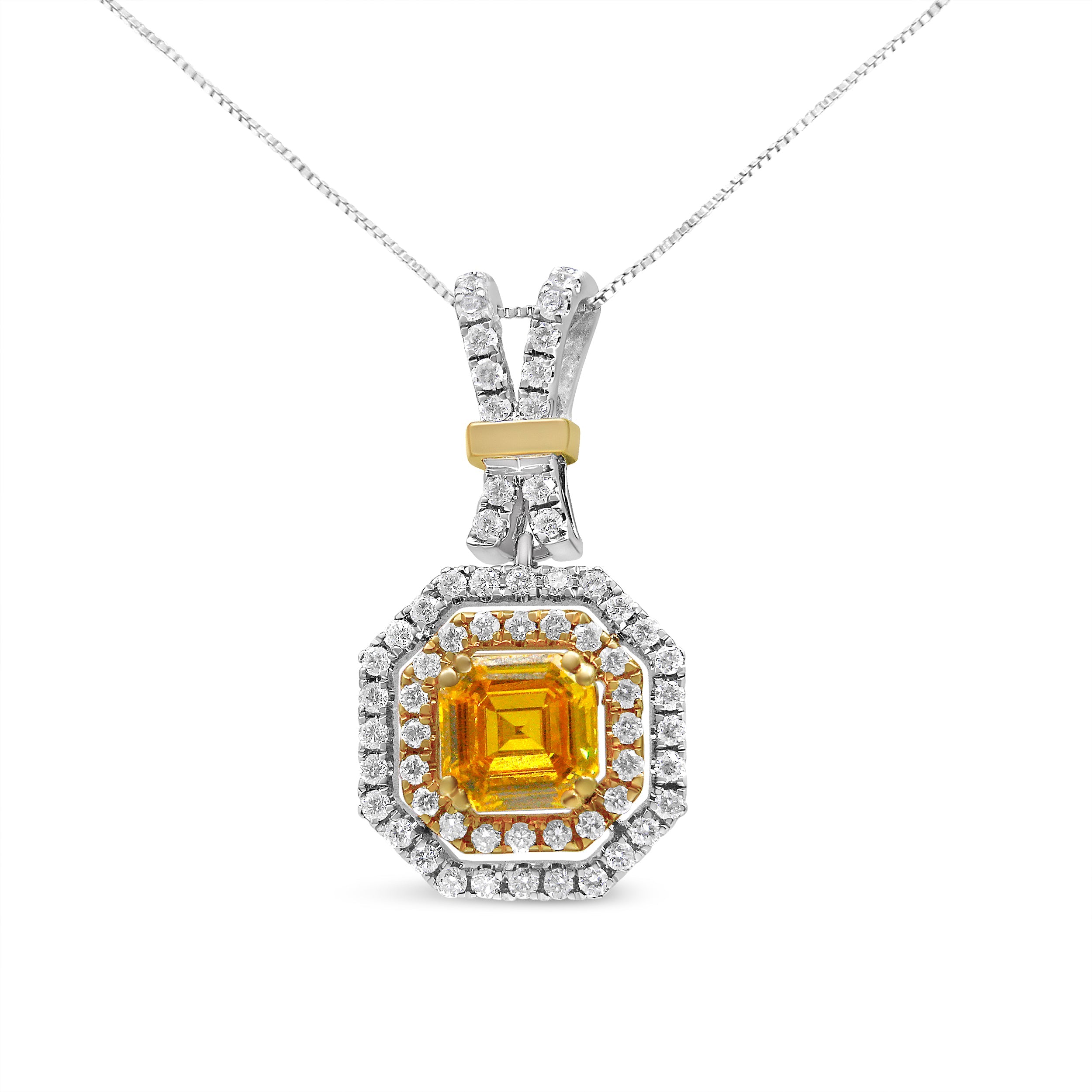 18K White And Yellow Gold 1.75 Cttw Lab Grown Treated Yellow Asscher Center Diamond Halo 18" Pendant Necklace (Yellow/G-H Color, Vs1-Vs2 Clarity)