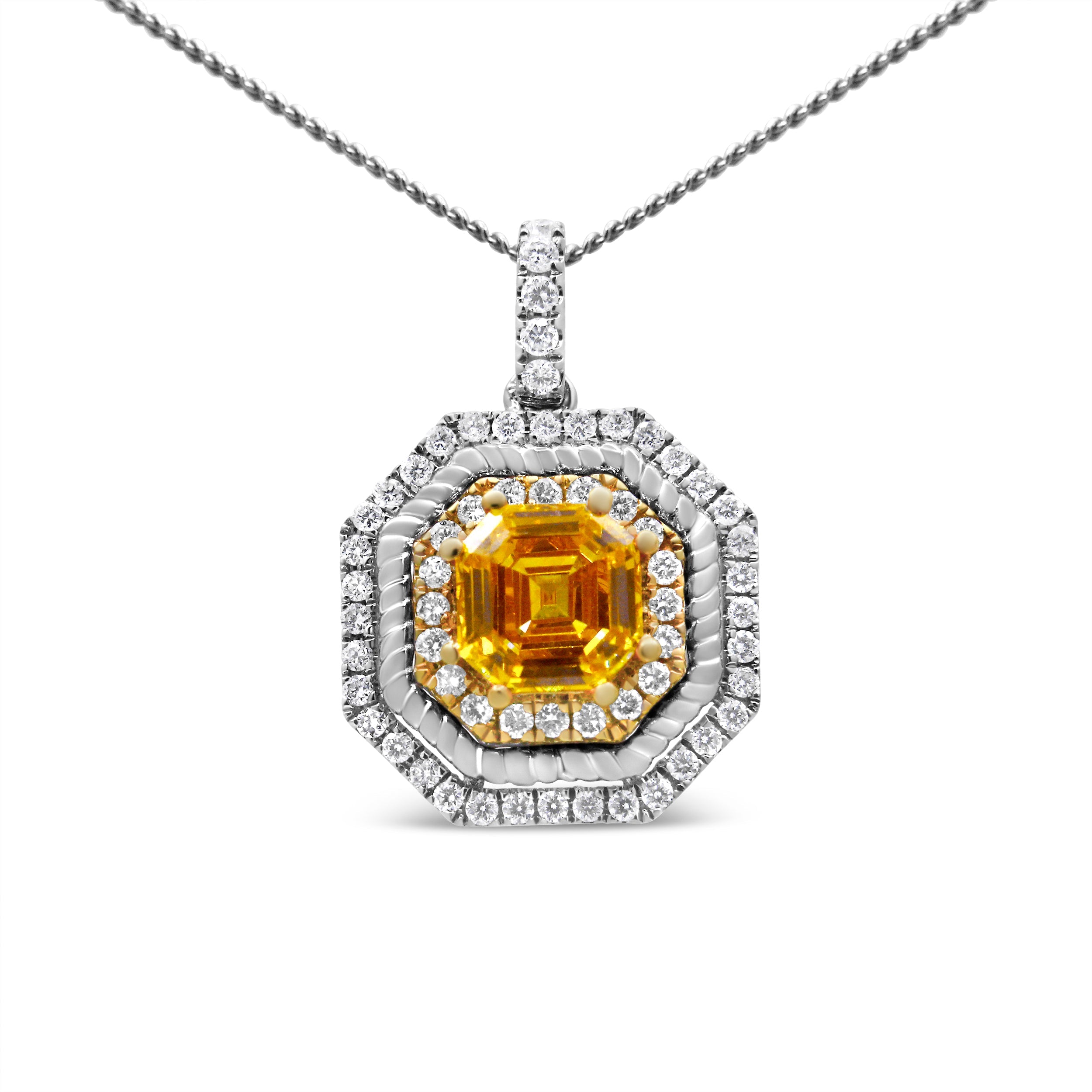18K White And Yellow Gold 2 1/4 Cttw Lab Grown Yellow Asscher Cut Diamond Art Deco Style Halo 18" Pendant Necklace (Yellow/G-H Color, Vs1-Vs2 Clarity)