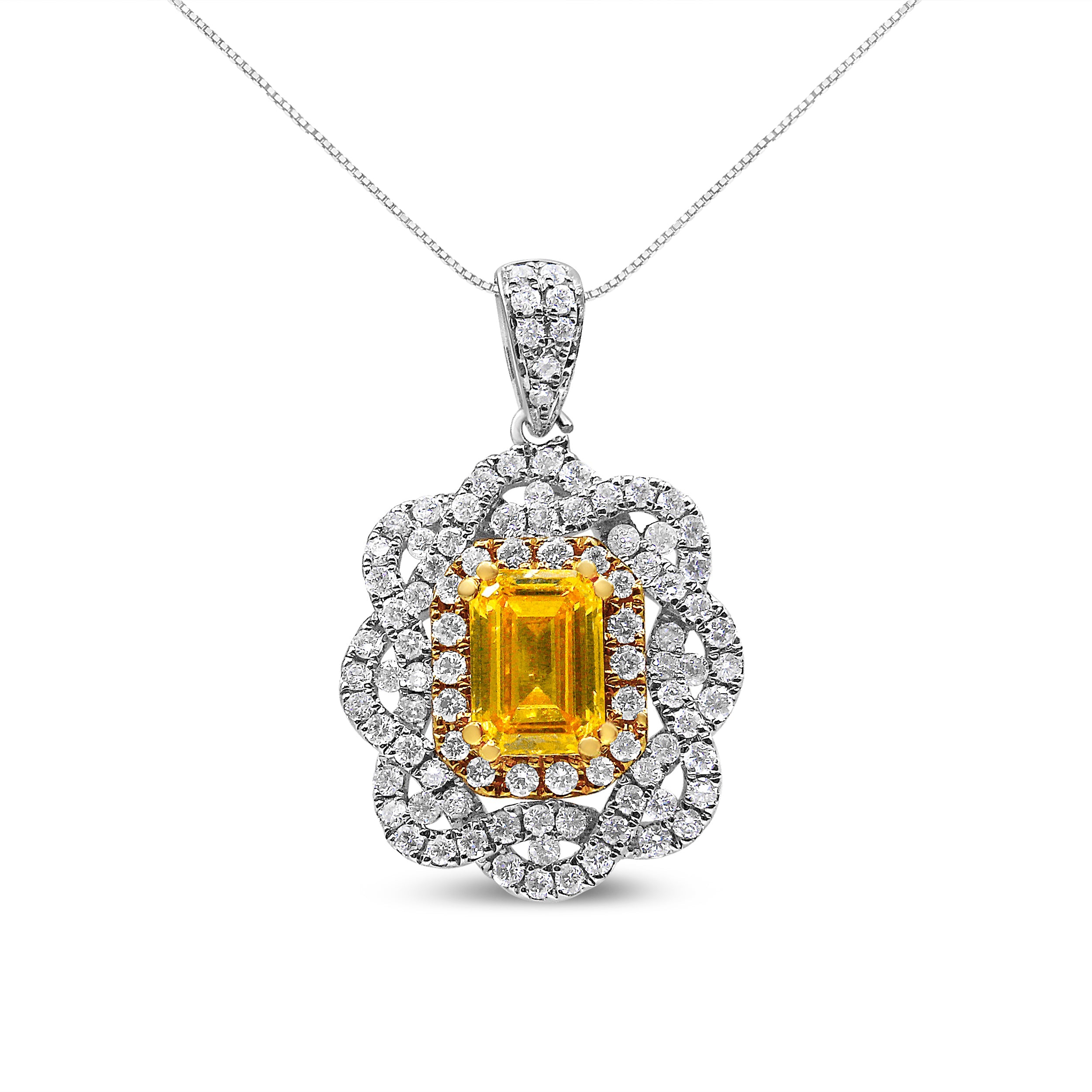 18K Yellow And White Gold 1.75 Cttw Diamond Lab Grown Treated Yellow Emerald Center Diamond Halo 18" Pendant Necklace (Yellow/G-H Color, Vs1-Vs2 Clarity)