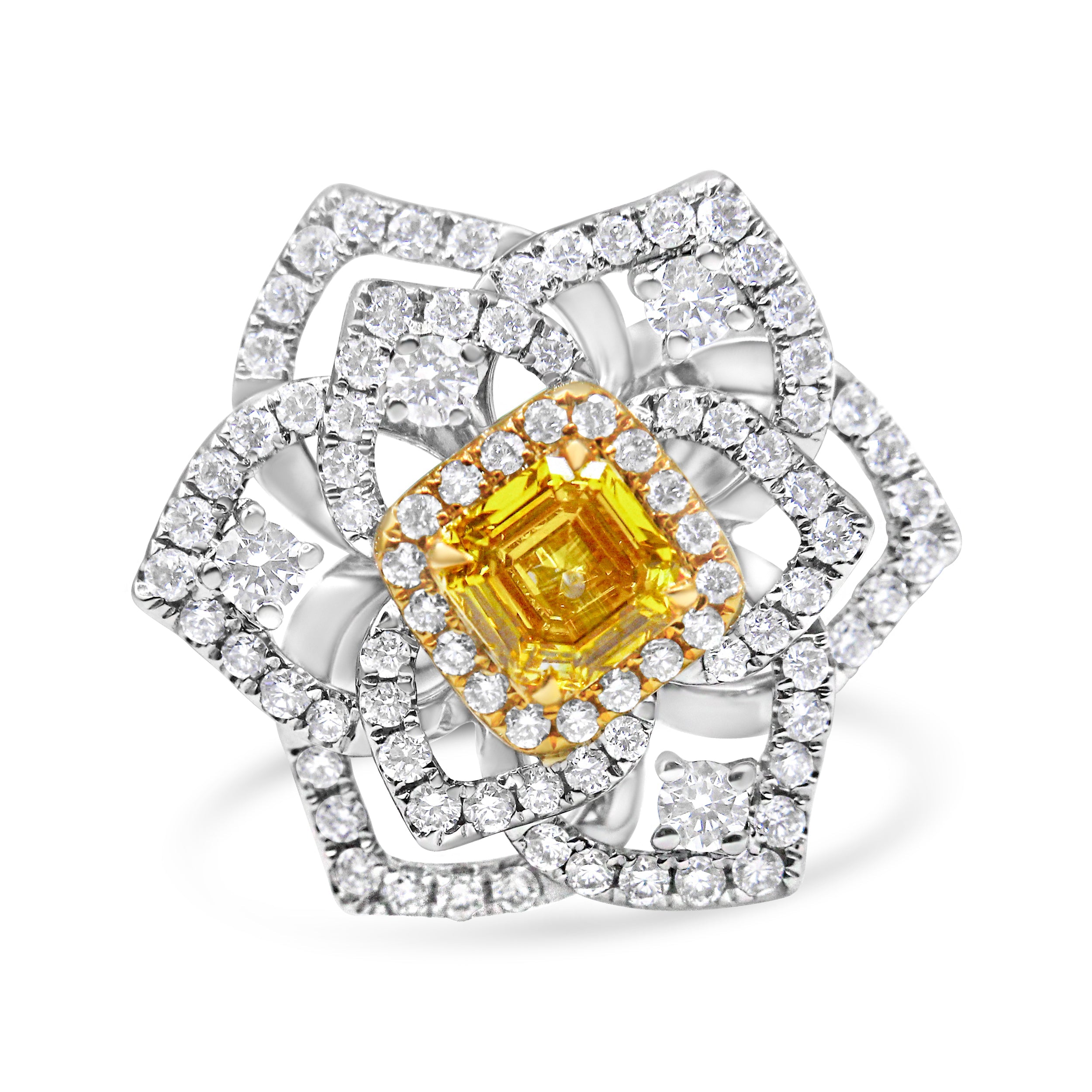 18K White And Yellow Gold 1.75 Cttw Yellow Asscher Lab Grown Center Diamond Floral Cluster Ring (Yellow/G-H Color, Vs1-Vs2 Clarity) - Size 6.25