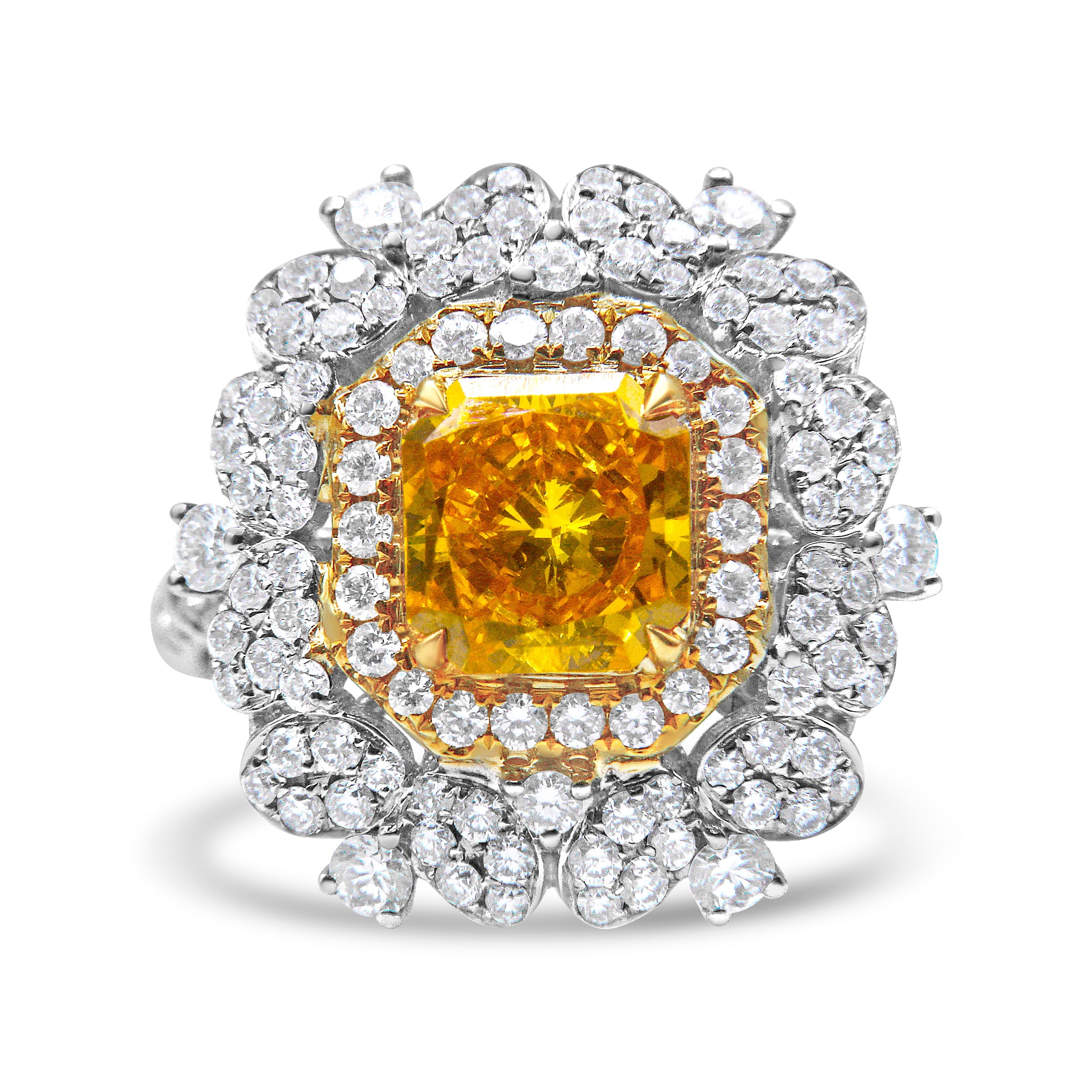 18K Yellow And White Gold 2 3/4 Cttw Lab Grown Yellow Radiant Cut Diamond Halo Cluster Ring  (Yellow/G-H Color, Vs1-Vs2 Clarity) - Size 5.75