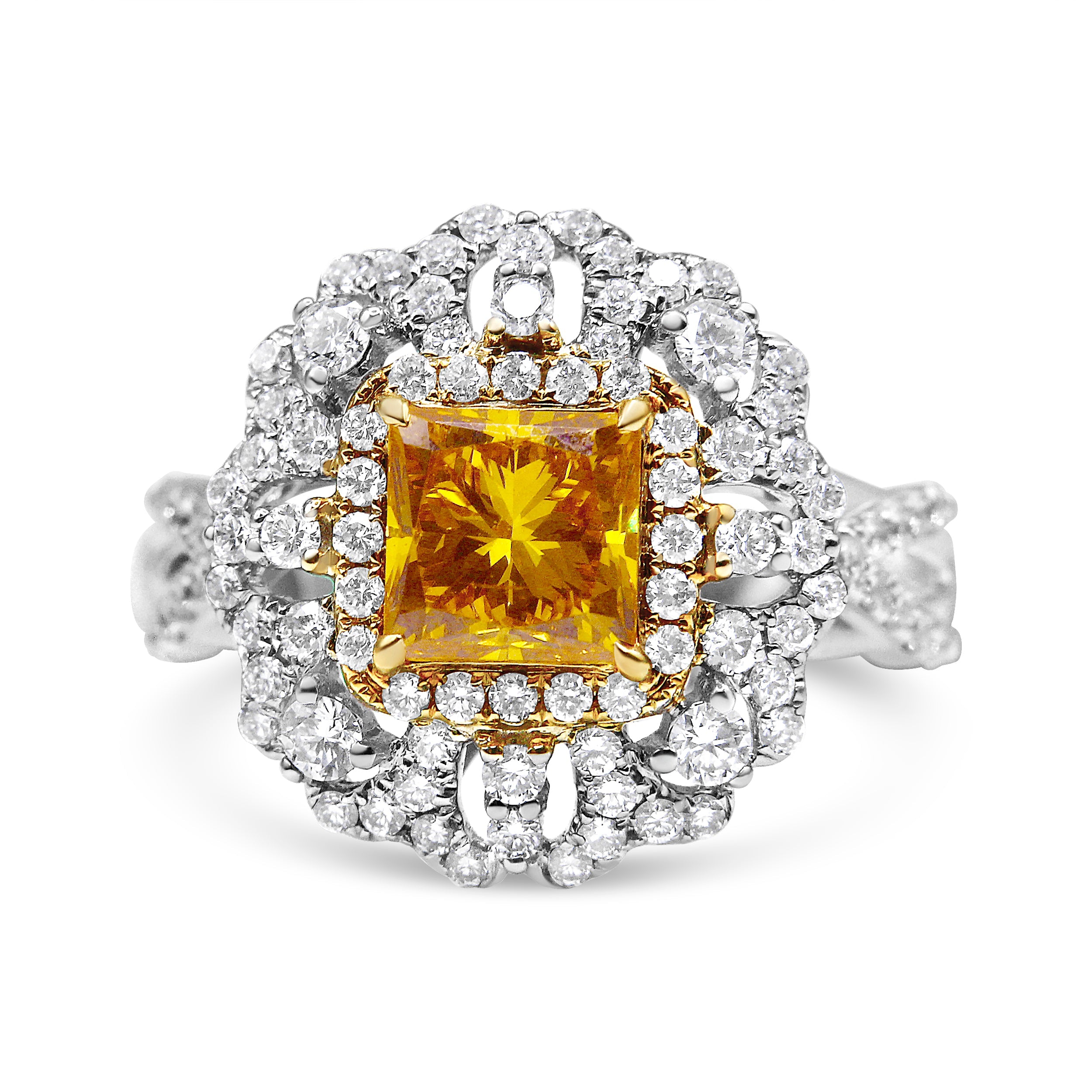 18K Yellow And White Gold 2.35 Cttw Yellow Princess Lab Grown Center Diamond Cluster Halo Cocktail Ring (Yellow/G-H Color, Vs1-Vs2 Clarity) - Size 6.25