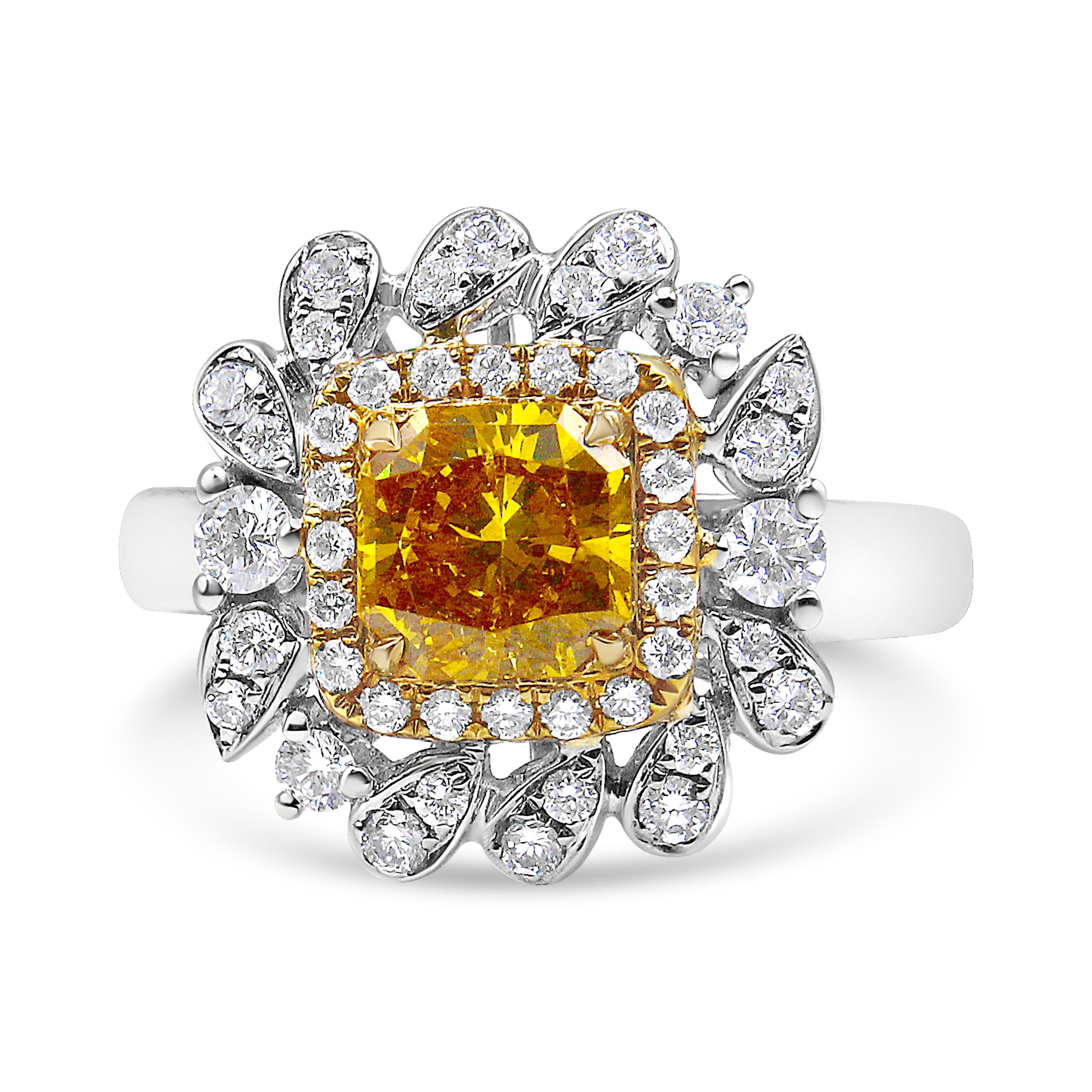 18K White And Yellow Gold 1.76 Cttw Yellow Radiant Lab Grown Center Diamond Double Halo Cocktail Ring (Yellow/G-H Color, Vs1-Vs2 Clarity) - Size 6