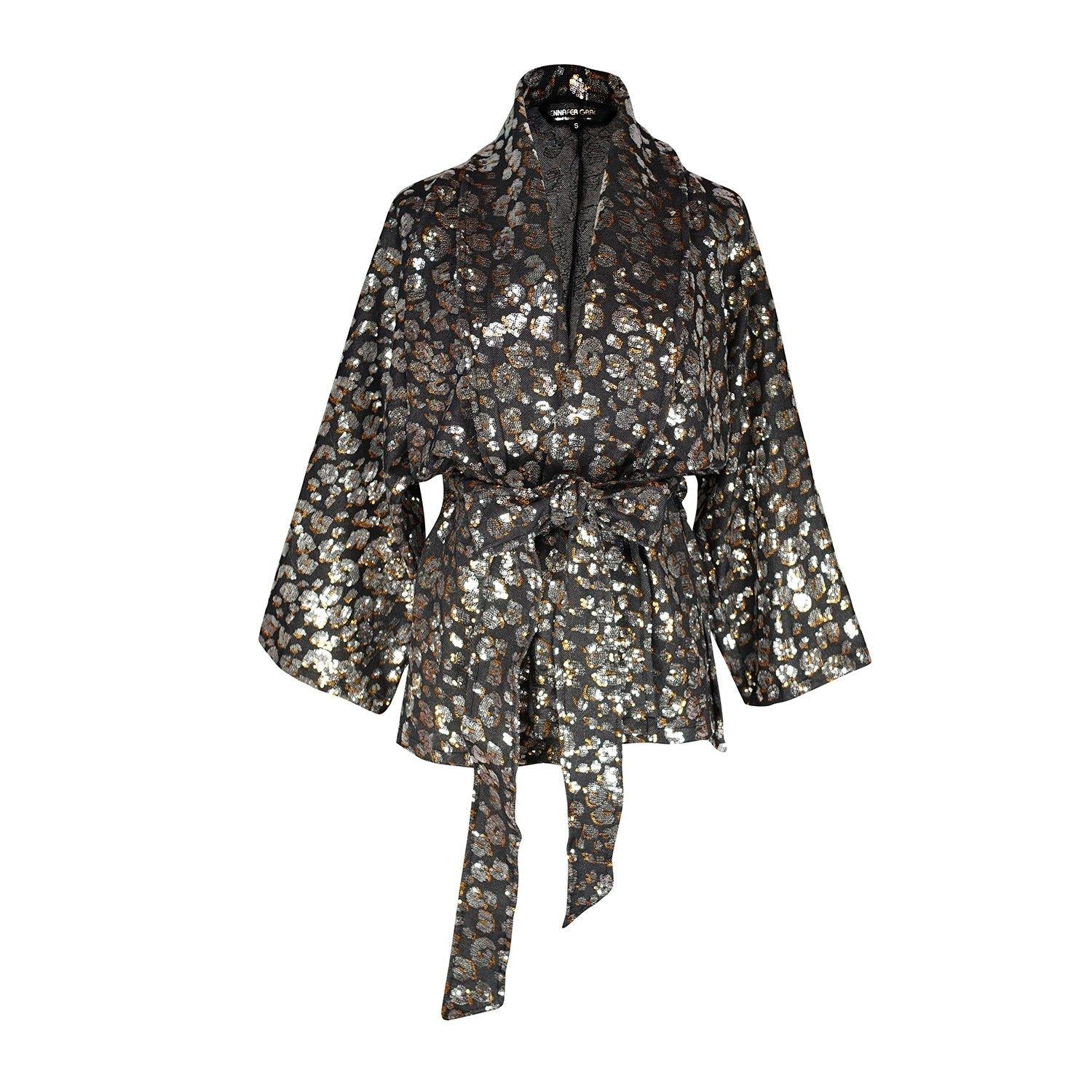 Leopard Sequin Dolman Wrap Kimono Top