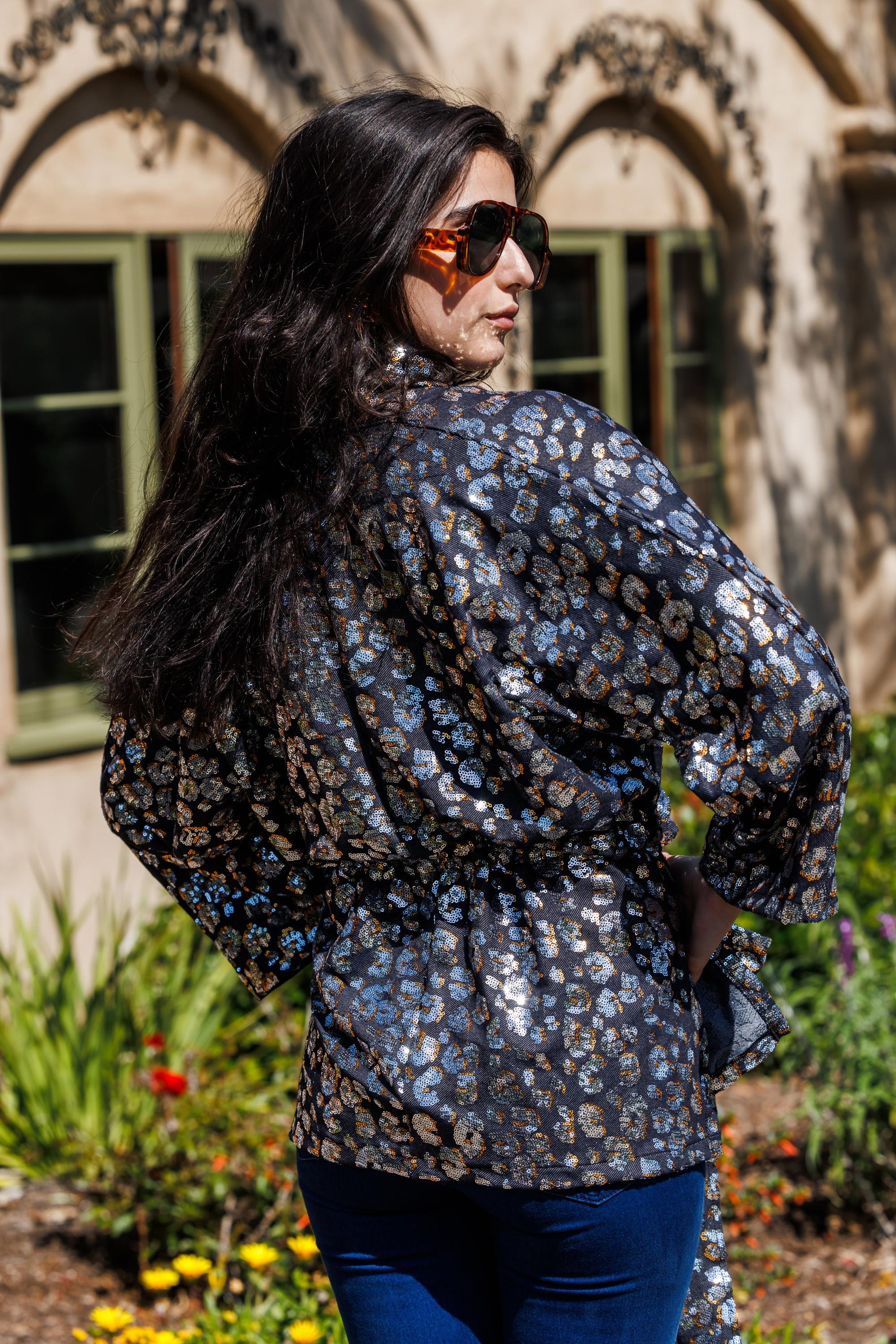 Leopard Sequin Dolman Wrap Kimono Top