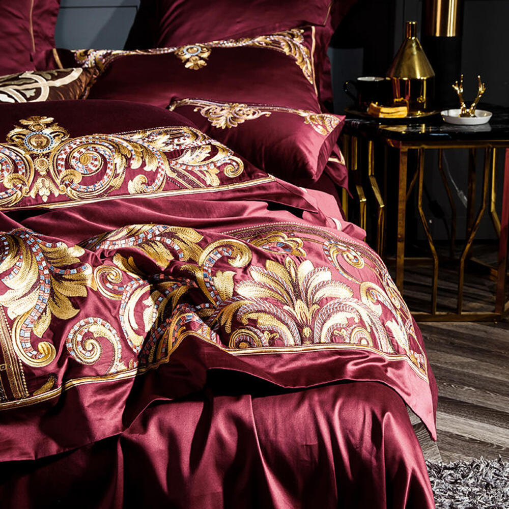 Lezkira Burgundy Red Embroidery Luxury Egyptian Cotton Duvet Cover | 3CARATS