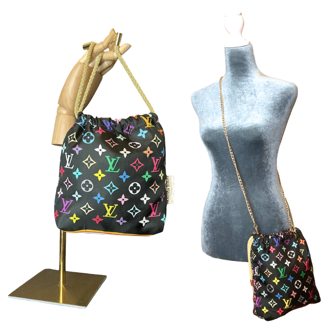 LV Multicolor Monogram Noir Vintage Silk Scarf Drawstring Crossbody Bag