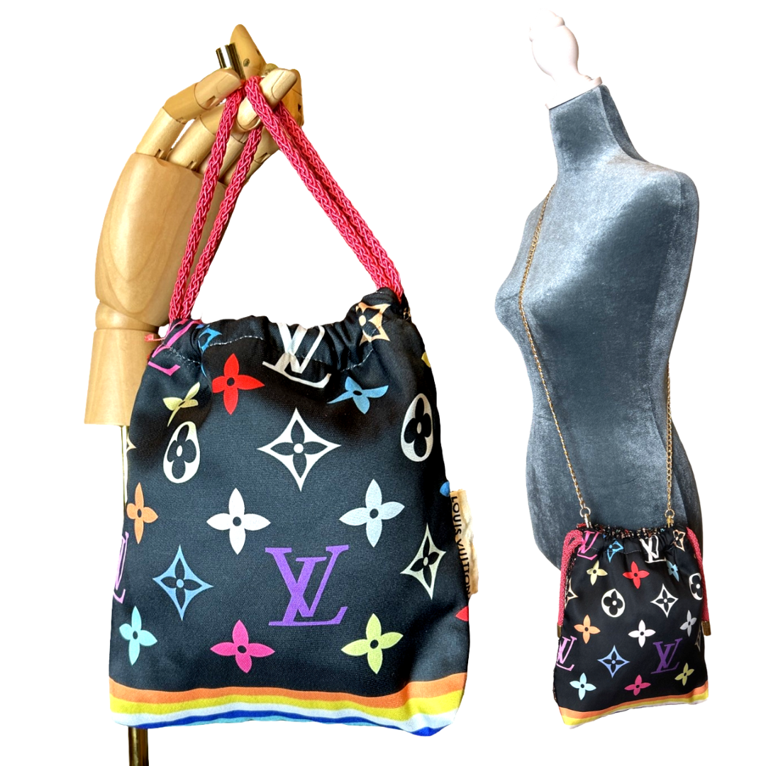 LV Multicolor Monogram Noir Vintage Silk Scarf Drawstring Crossbody Bag