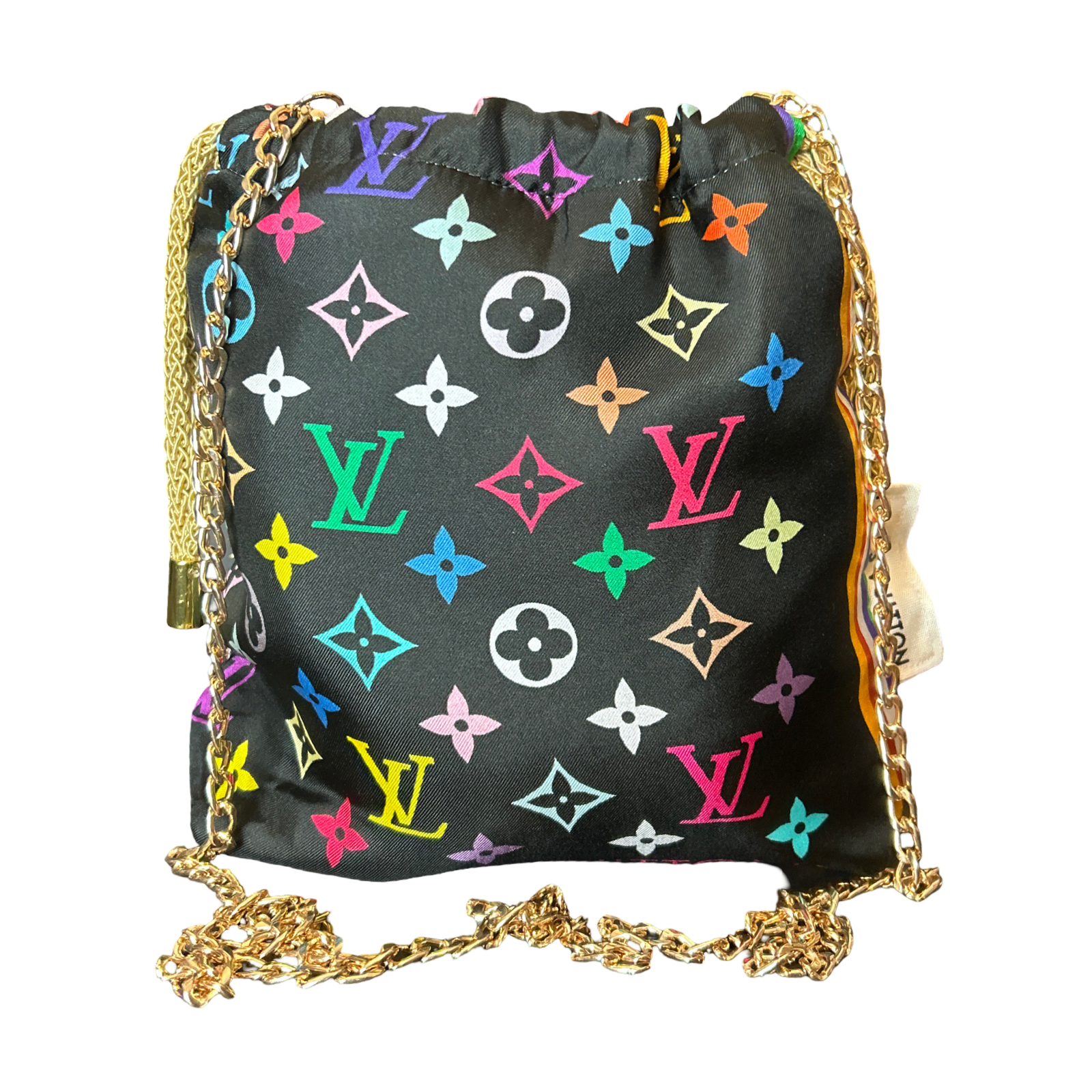 LV Multicolor Monogram Noir Vintage Silk Scarf Drawstring Crossbody Bag